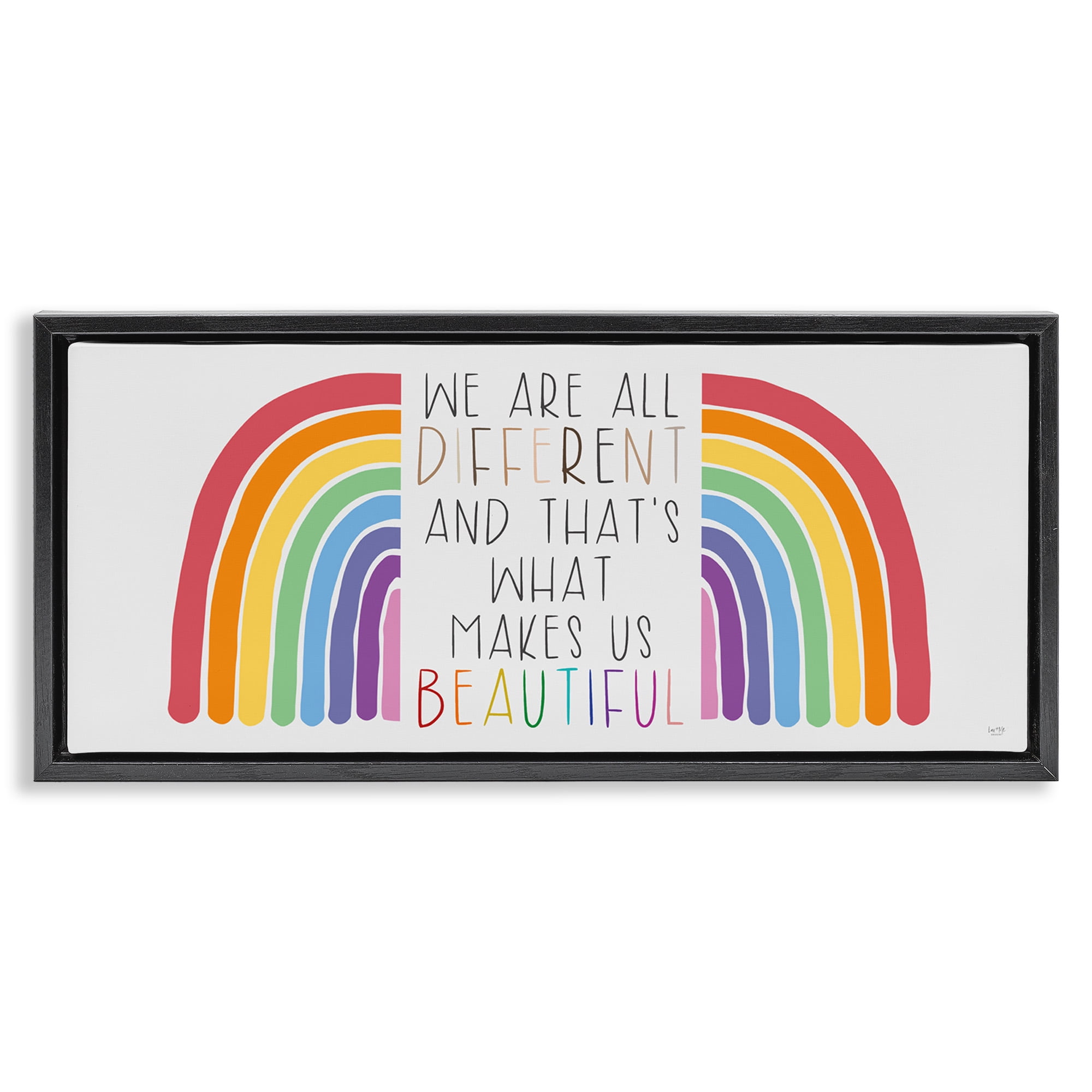 Stupell Industries Different Is Beautiful Rainbow Inspirational Painting Black Floater Framed Canvas Art Print Wall Art, 31 x 14