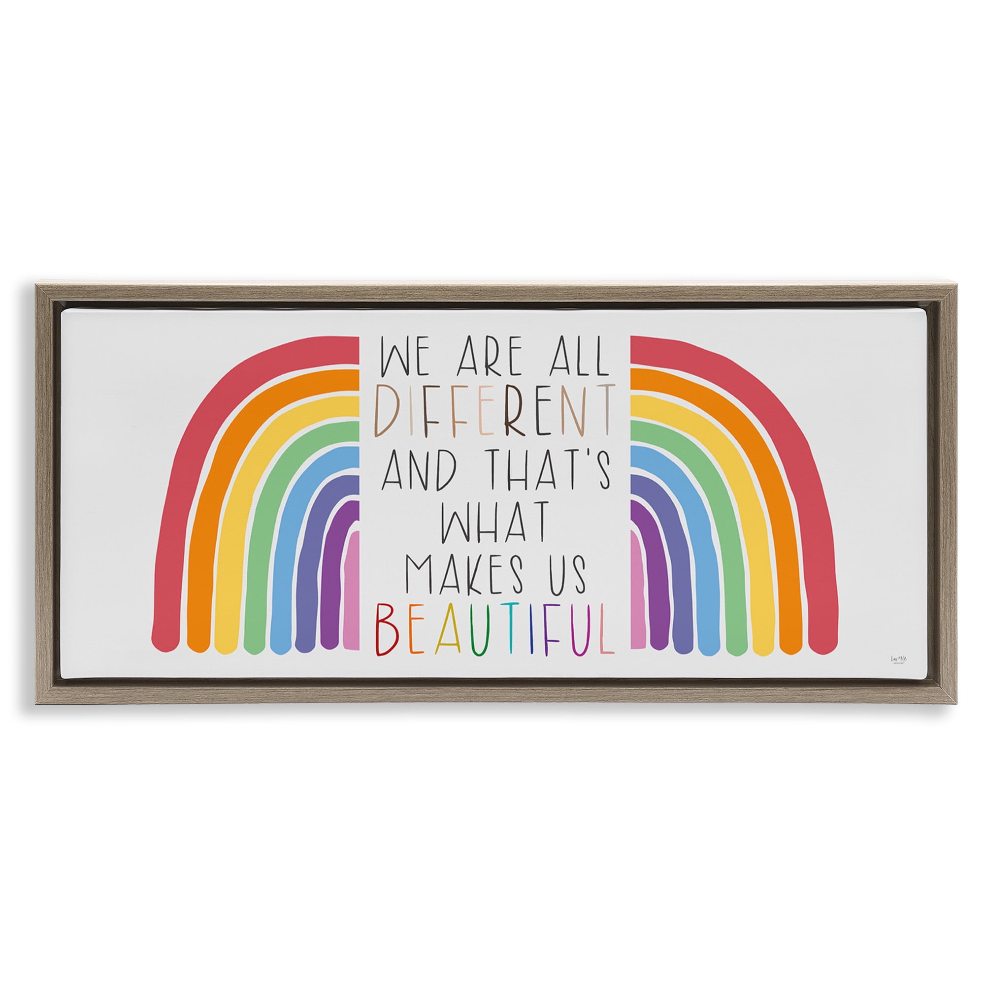 Stupell Industries Different Is Beautiful Rainbow Inspirational Painting Brown Floater Framed Canvas Art Print Wall Art, 31 x 14