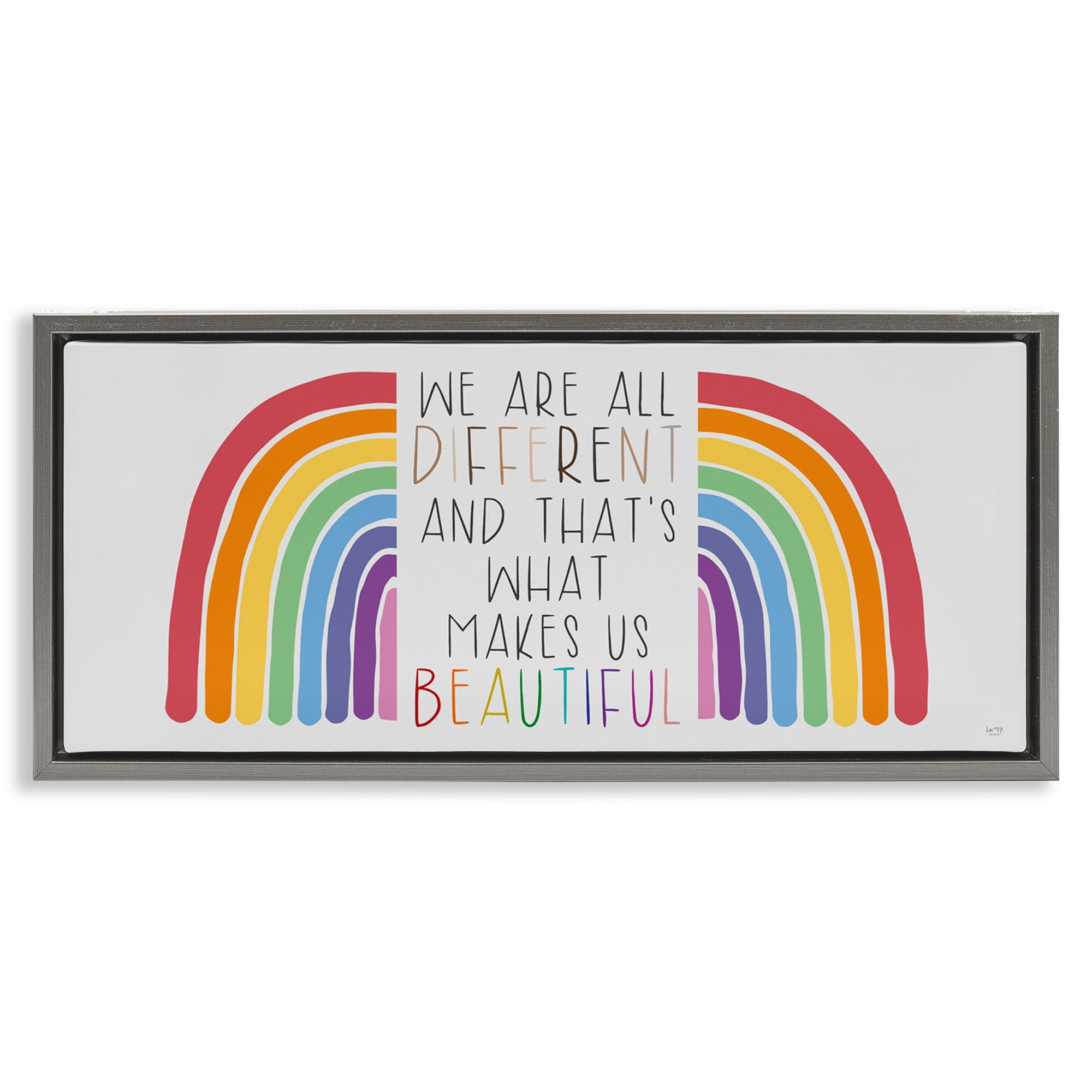 Stupell Industries Different Is Beautiful Rainbow Inspirational Painting Gray Floater Framed Canvas Art Print Wall Art, 31 x 14