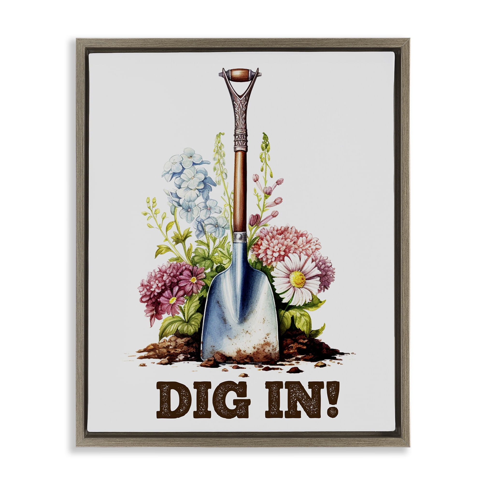 Stupell Industries Dig In Gardening Phrase Plants & Flowers Painting Brown Floater Framed Canvas Art Print Wall Art, 25 x 31