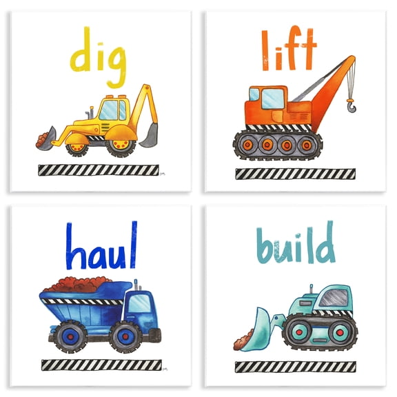 Stupell Industries Contemporary Dig Lift Haul Kids' Construction Vehicles 4pc Wall Plaque Set, 12 x 12 each, by Elizabeth Medley