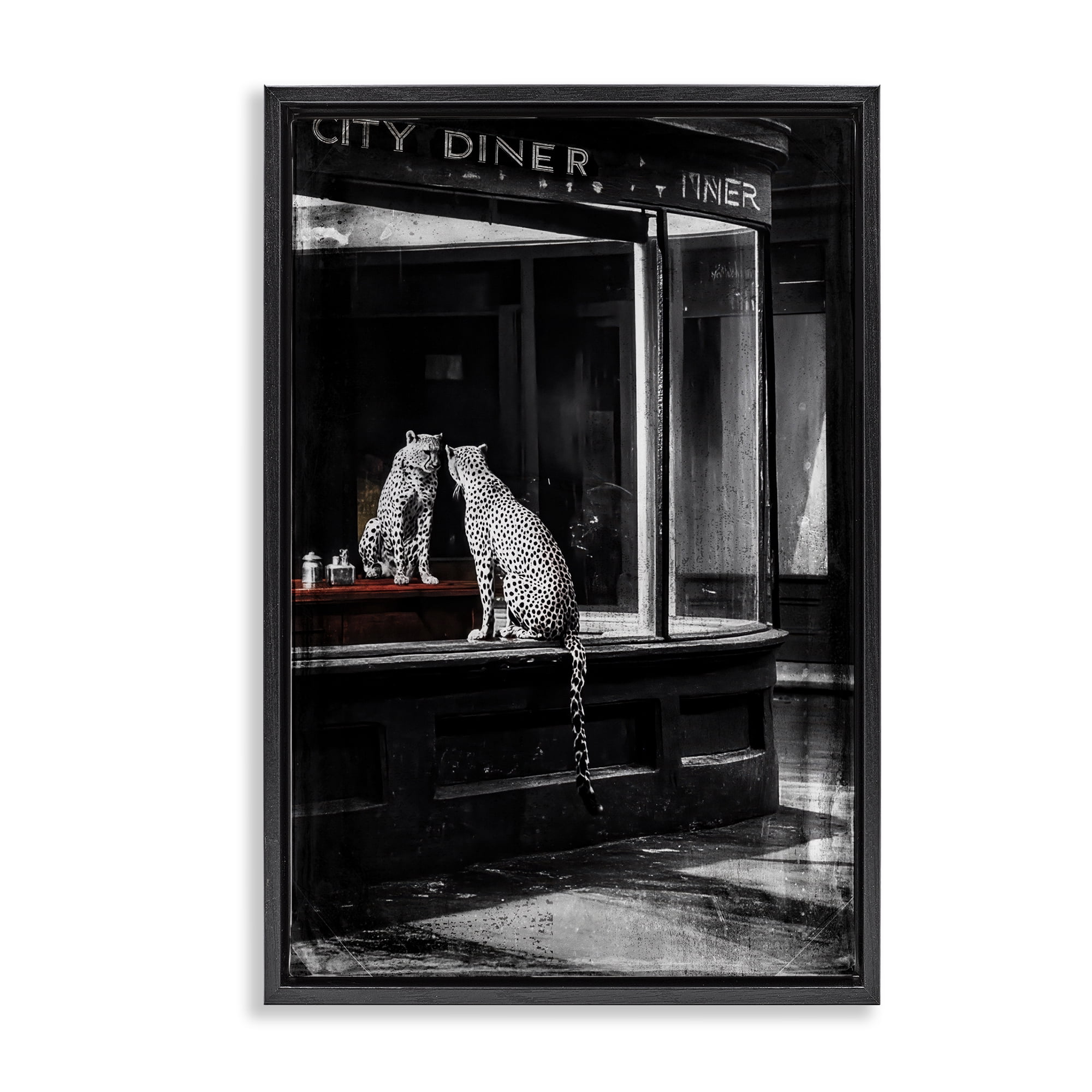 Stupell Industries Diner Noir Leopard Reflection Black Framed Floater Canvas Wall Art, design by Annabelle Hall