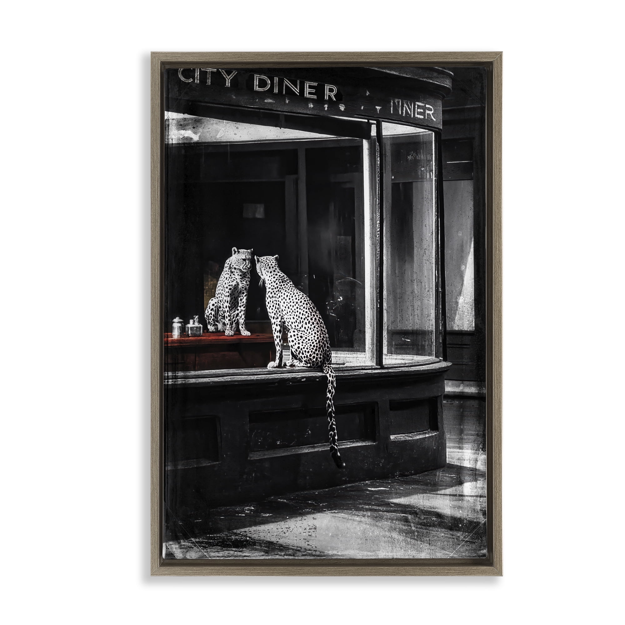 Stupell Industries Diner Noir Leopard Reflection Brown Framed Floater Canvas Wall Art, design by Annabelle Hall