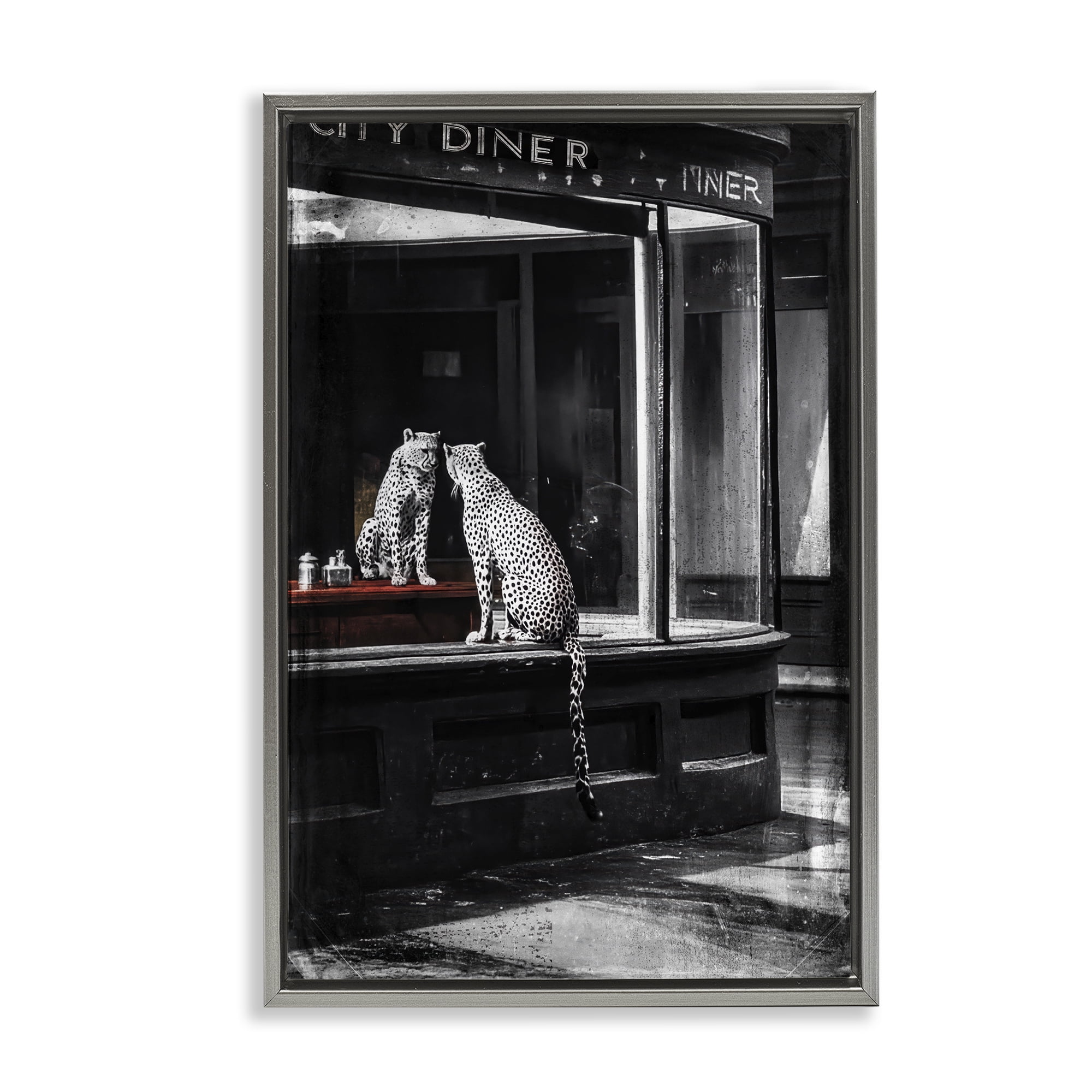 Stupell Industries Diner Noir Leopard Reflection Gray Framed Floater Canvas Wall Art, design by Annabelle Hall