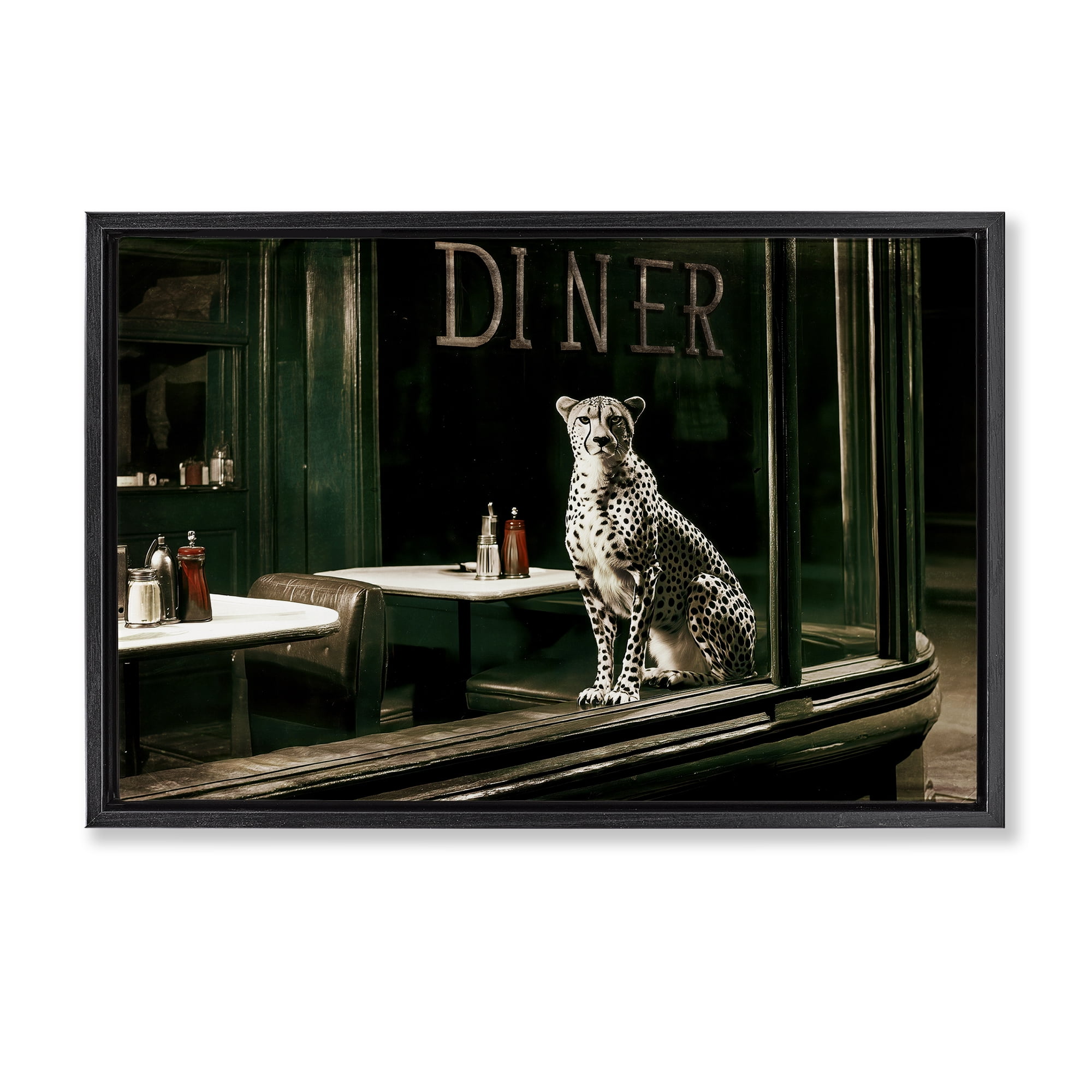Stupell Industries Diner Sentry Leopard Black Framed Floater Canvas Wall Art, design by Annabelle Hall