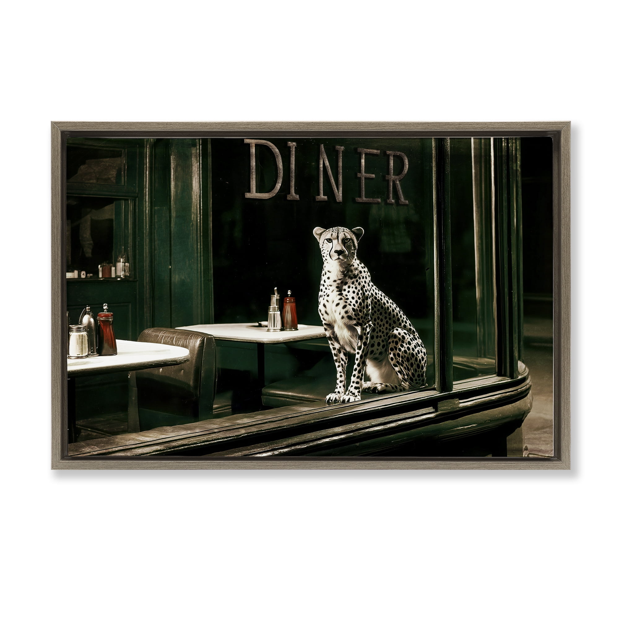Stupell Industries Diner Sentry Leopard Brown Framed Floater Canvas Wall Art, design by Annabelle Hall
