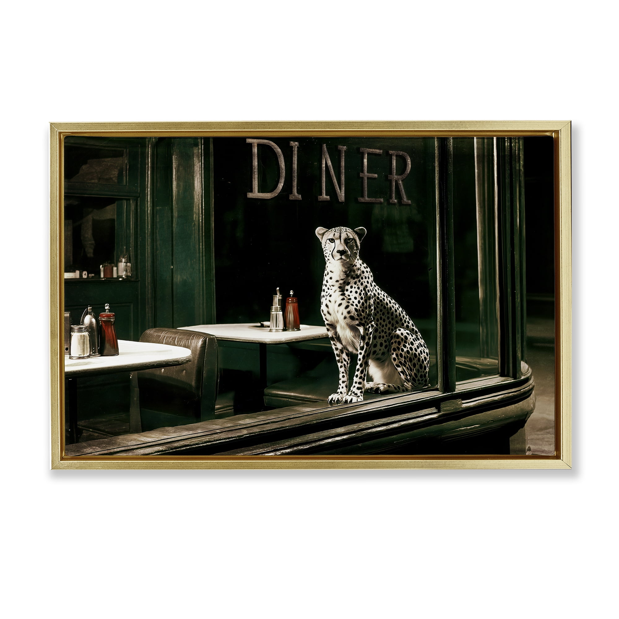 Stupell Industries Diner Sentry Leopard Gold Framed Floater Canvas Wall Art, design by Annabelle Hall