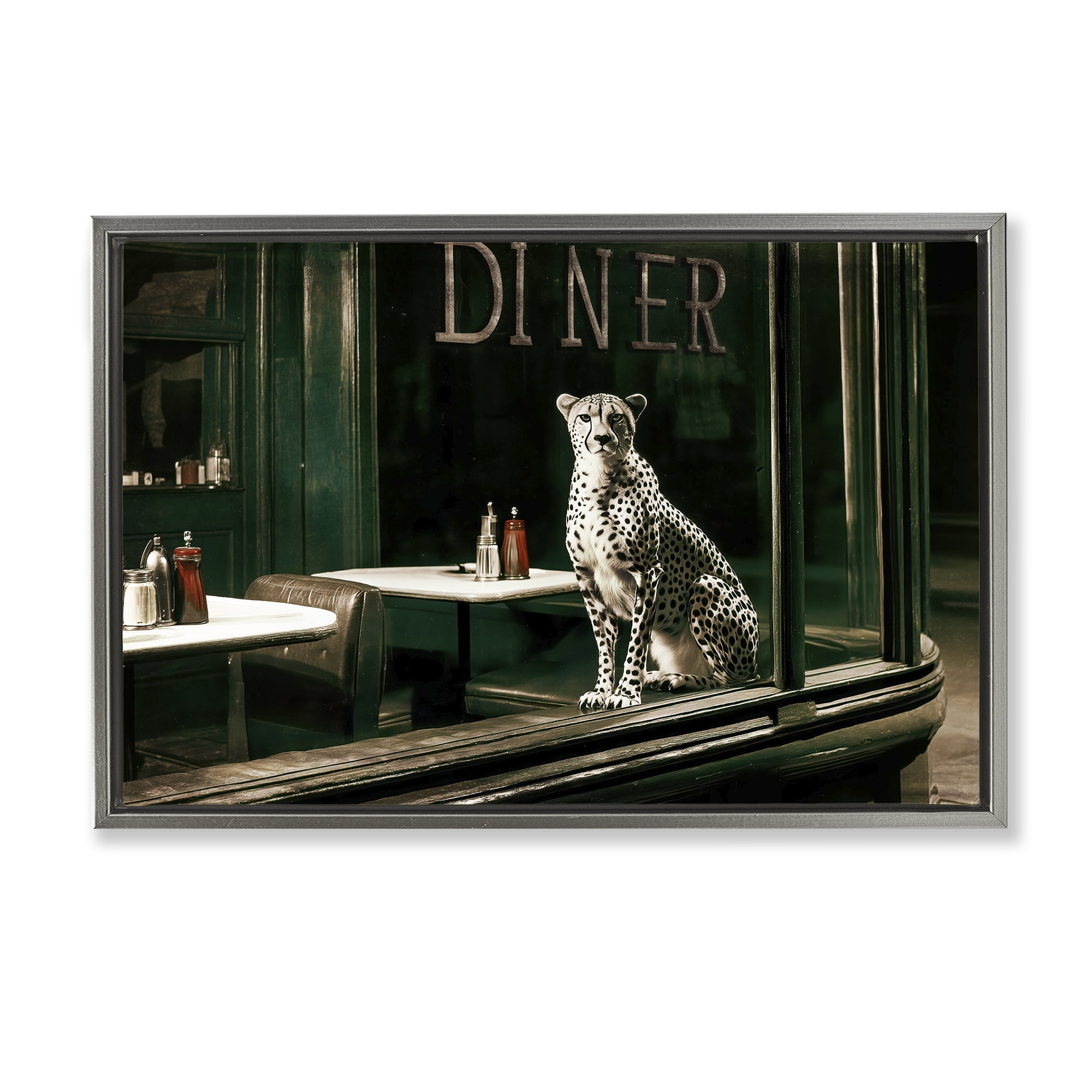 Stupell Industries Diner Sentry Leopard Gray Framed Floater Canvas Wall Art, design by Annabelle Hall