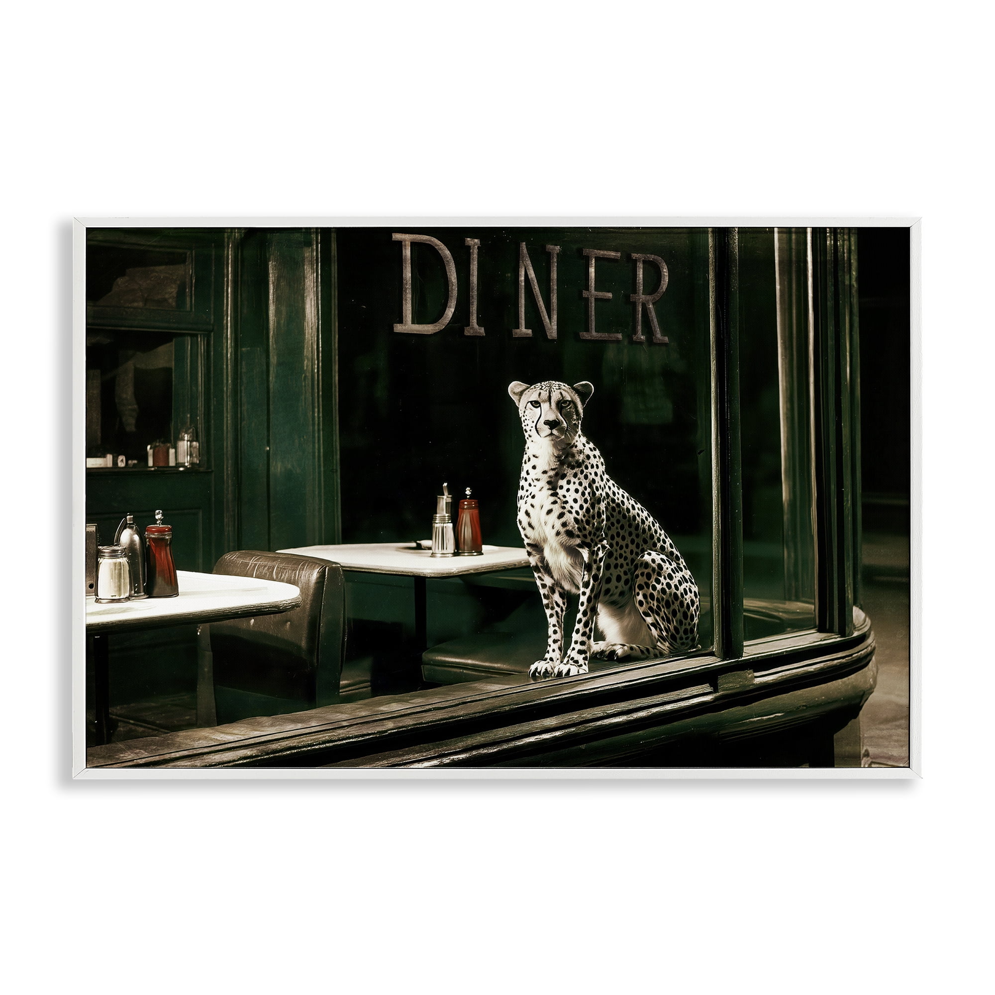 Stupell Industries Diner Sentry Leopard White Framed Giclee Art, design by Annabelle Hall