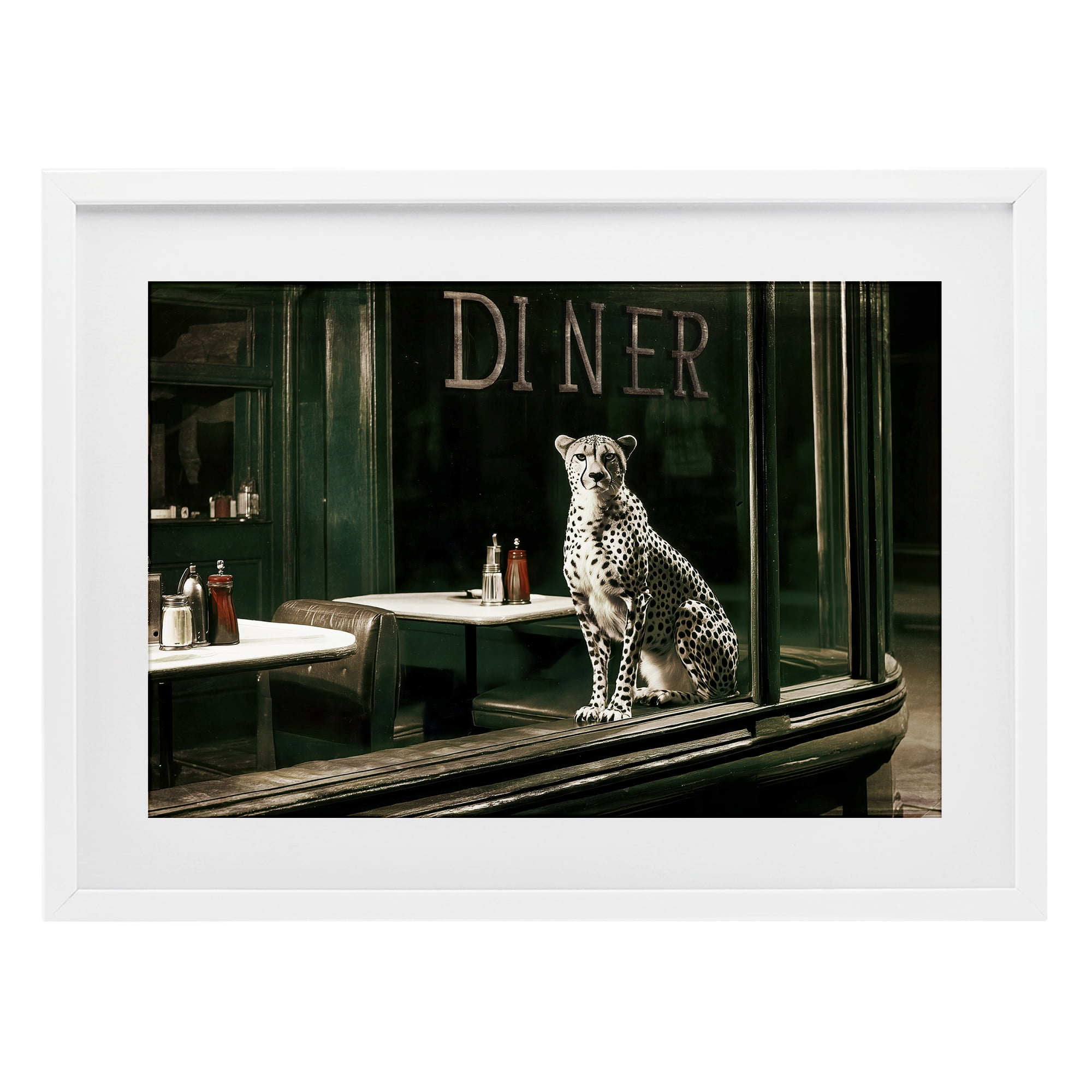 Stupell Industries Diner Sentry Leopard White Framed Print Under Glass, design by Annabelle Hall