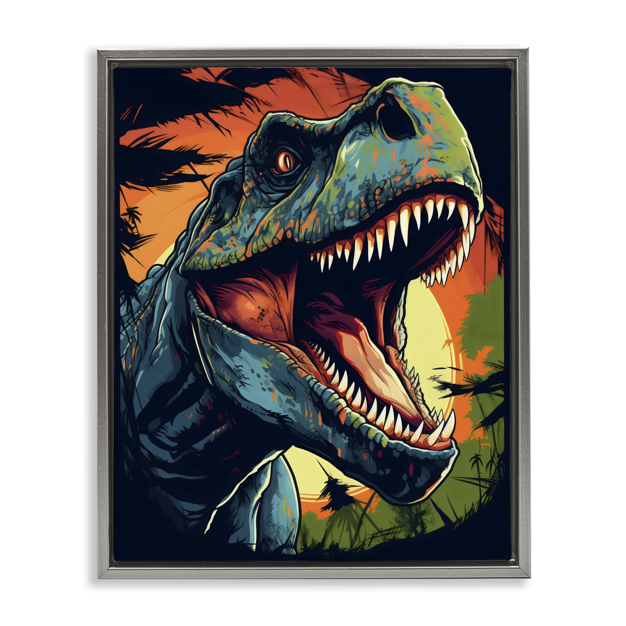 Stupell Industries Dino Roar at Sunset Gray Framed Floater Canvas Wall Art, design by Creative Studio