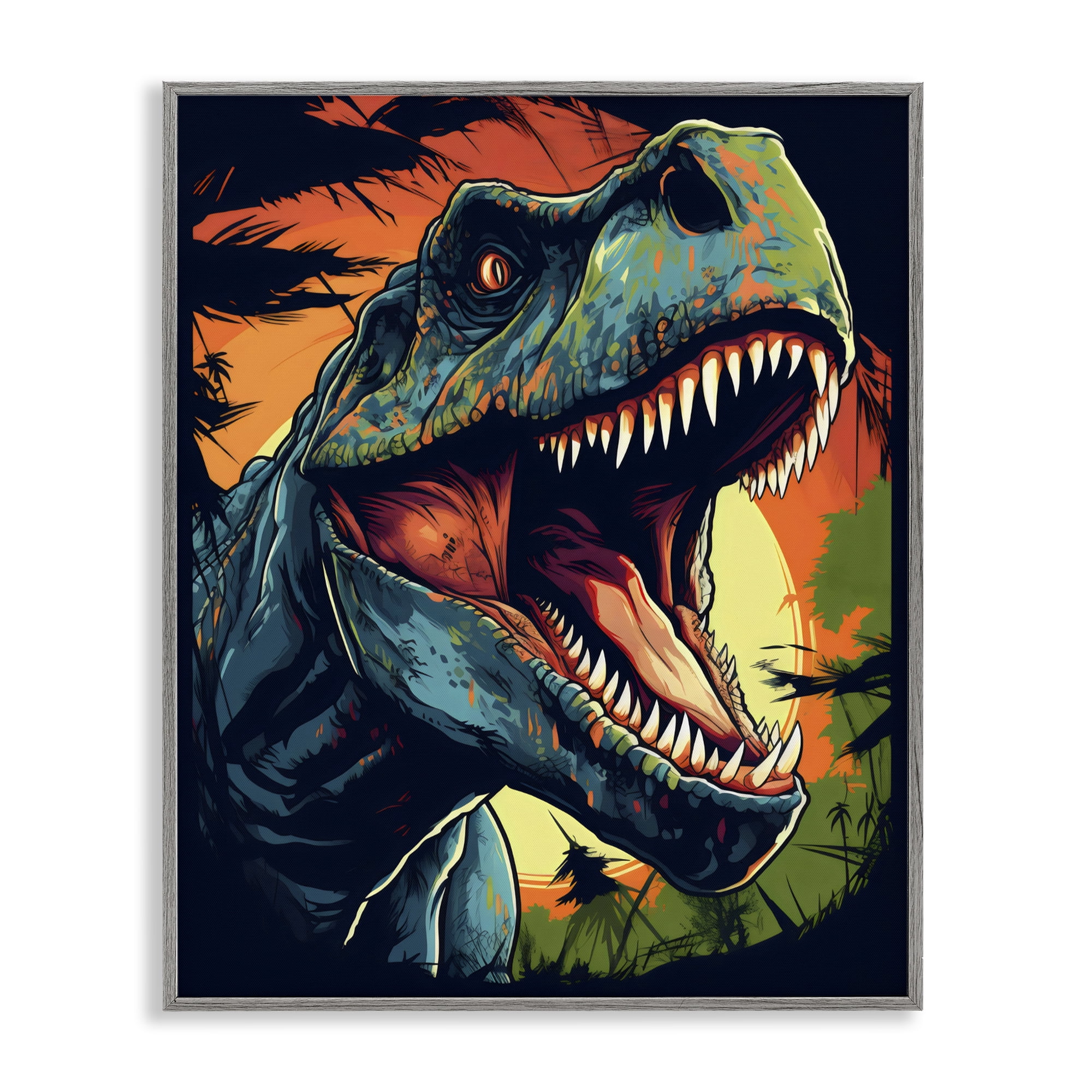Stupell Industries Dino Roar at Sunset Gray Framed Giclee Art, design by Creative Studio