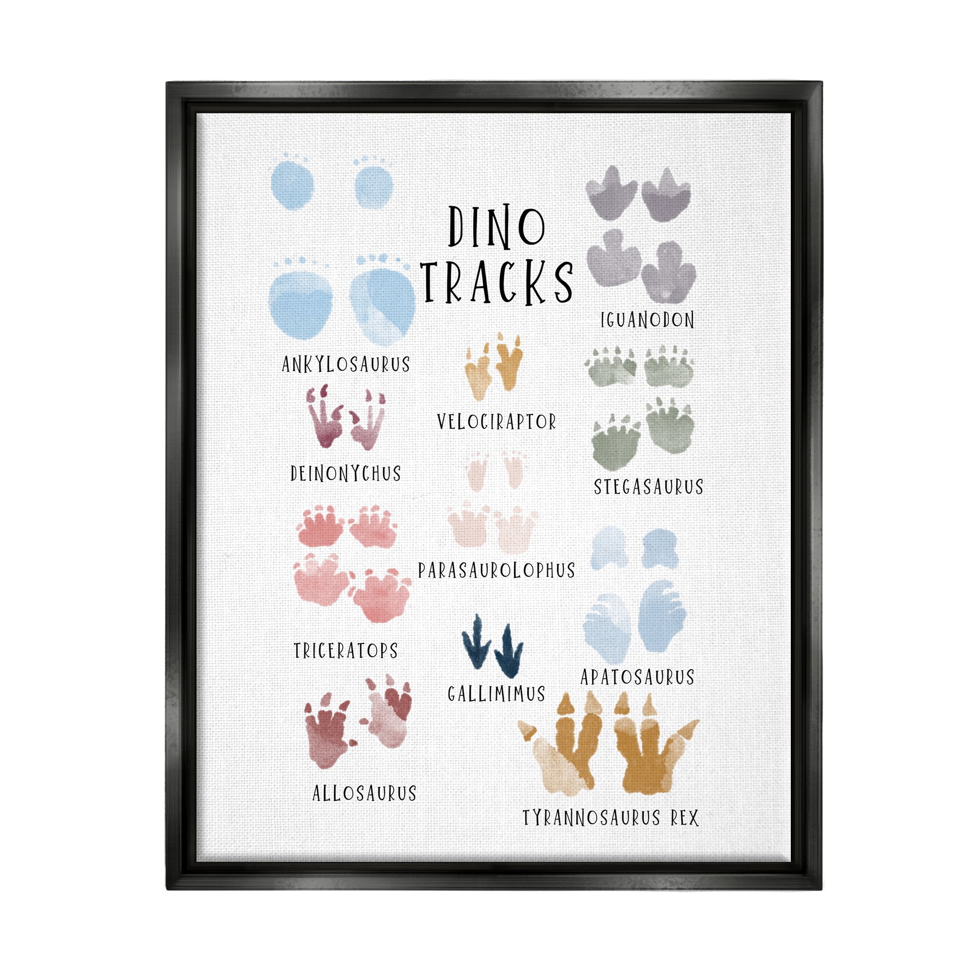 Stupell Industries Dino Tracks Diagram Animals & Insects Painting Black Floater Framed Canvas Art Print Wall Art, 17 x 21