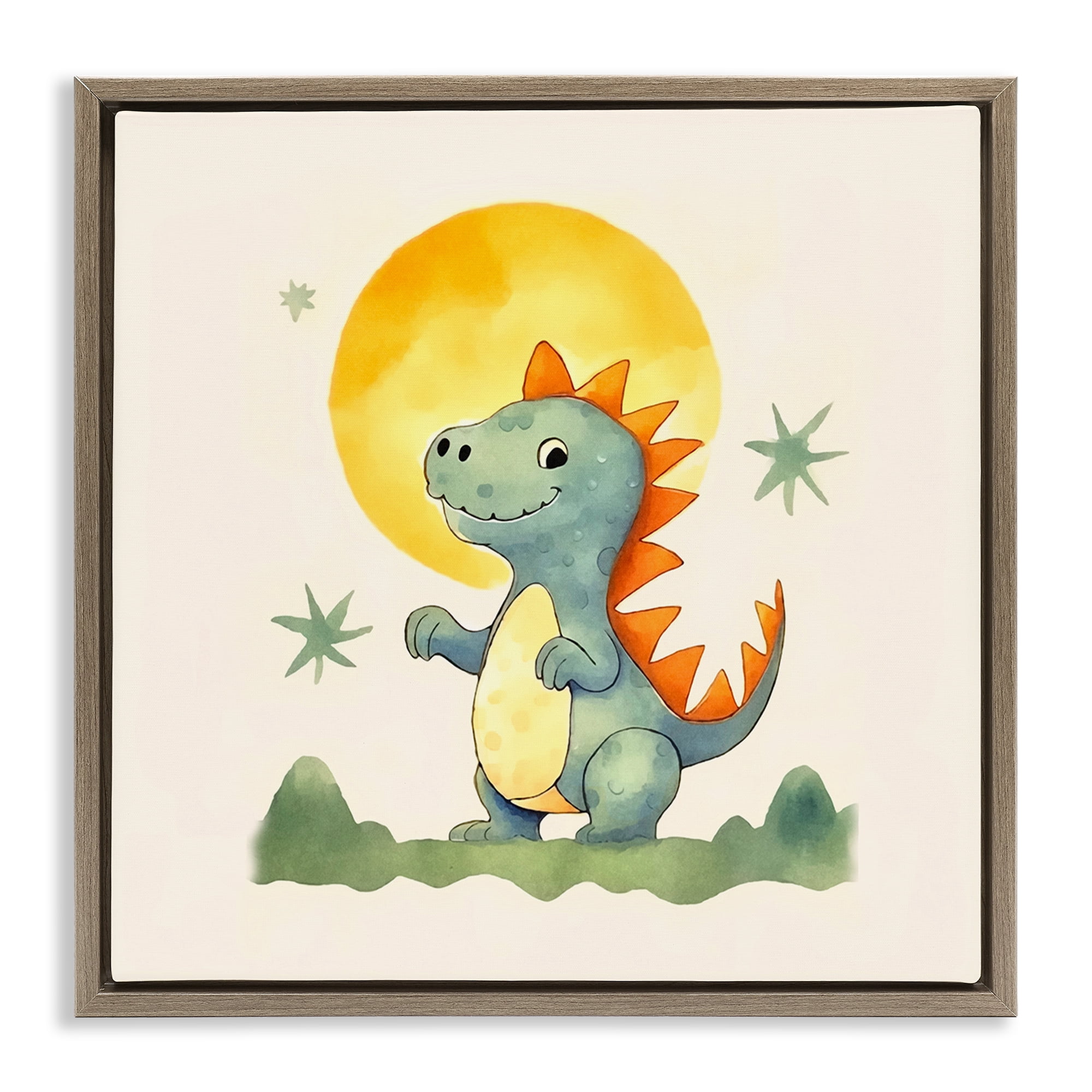 Stupell Industries Dino Under Moonlight Animals Painting Brown Floater Framed Canvas Art Print Wall Art, 25 x 25