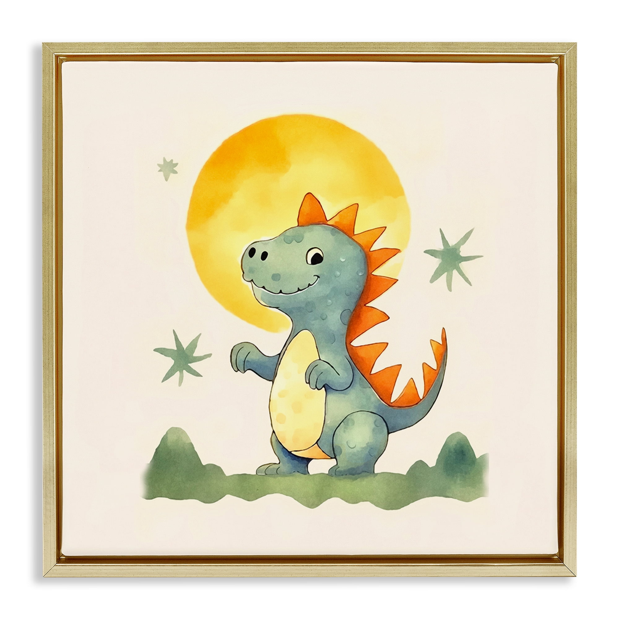 Stupell Industries Dino Under Moonlight Animals Painting Gold Floater Framed Canvas Art Print Wall Art, 18 x 18