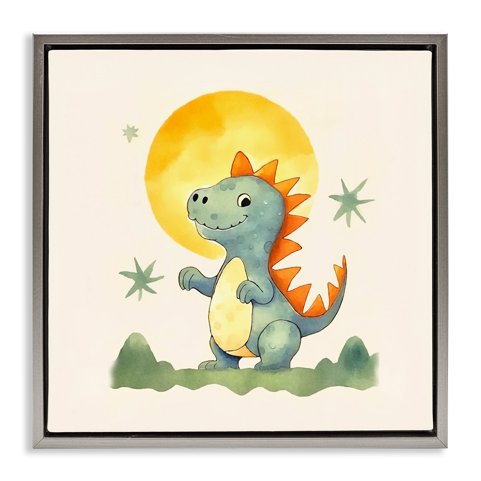 Stupell Industries Dino Under Moonlight Animals Painting Gray Floater Framed Canvas Art Print Wall Art, 25 x 25