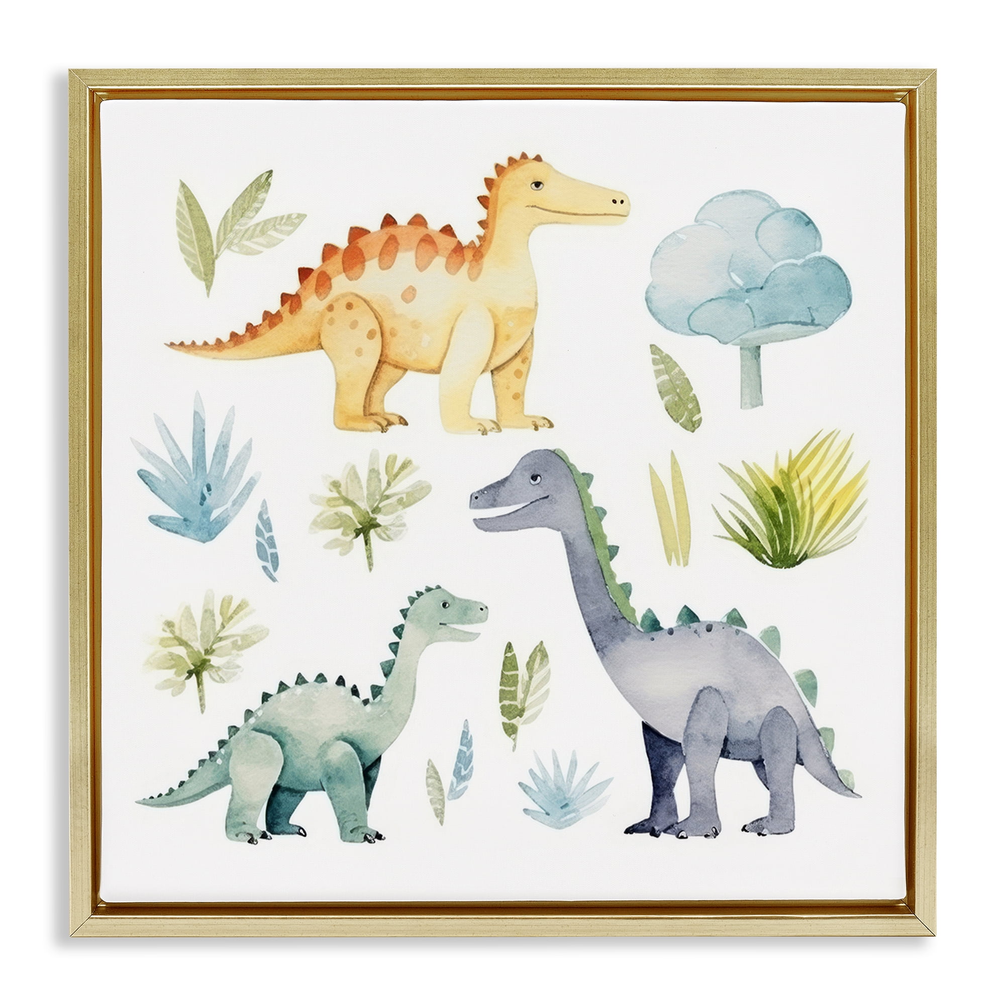 Stupell Industries Dino Wonderland Wonders Animals Painting Gold Floater Framed Canvas Art Print Wall Art, 18 x 18