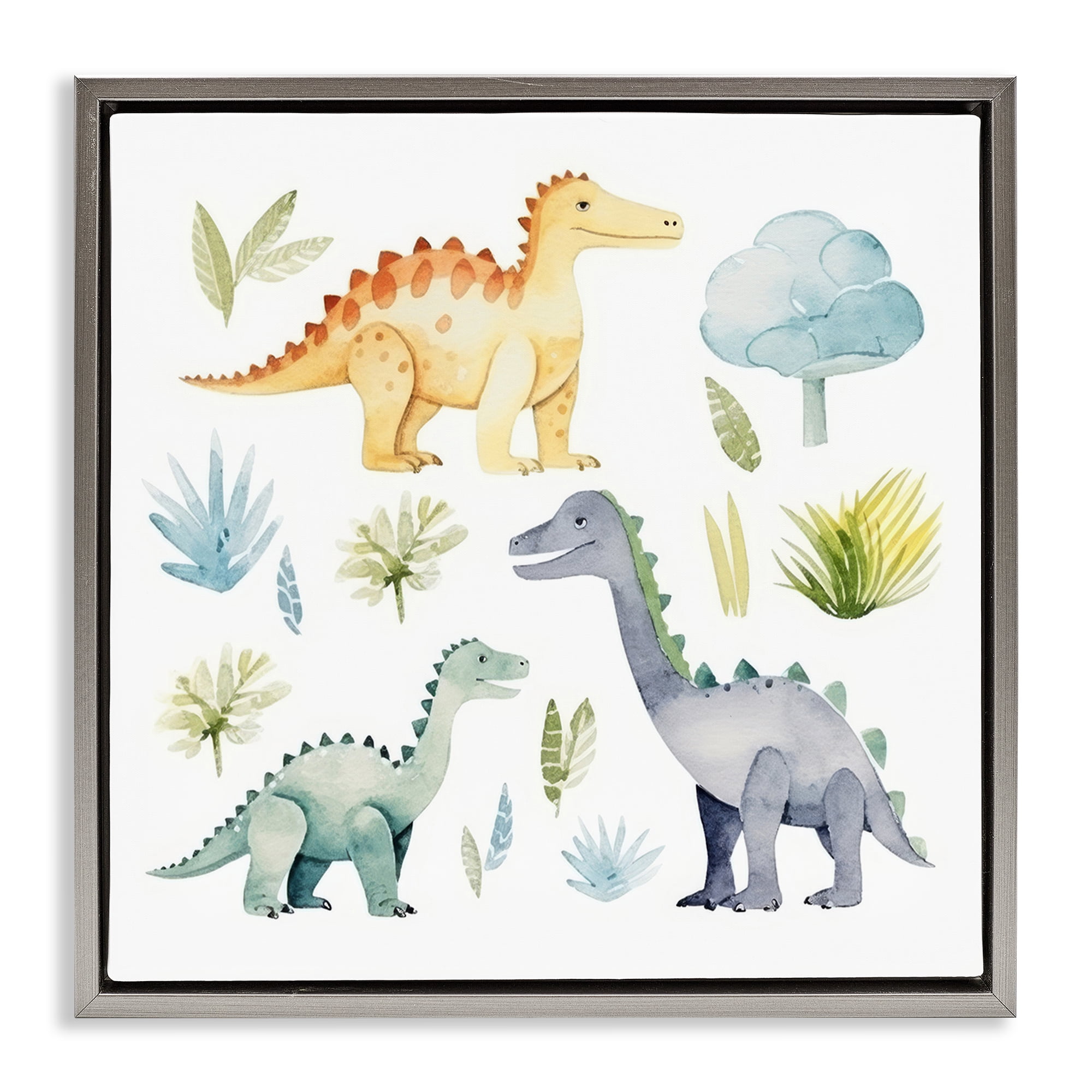 Stupell Industries Dino Wonderland Wonders Animals Painting Gray Floater Framed Canvas Art Print Wall Art, 25 x 25