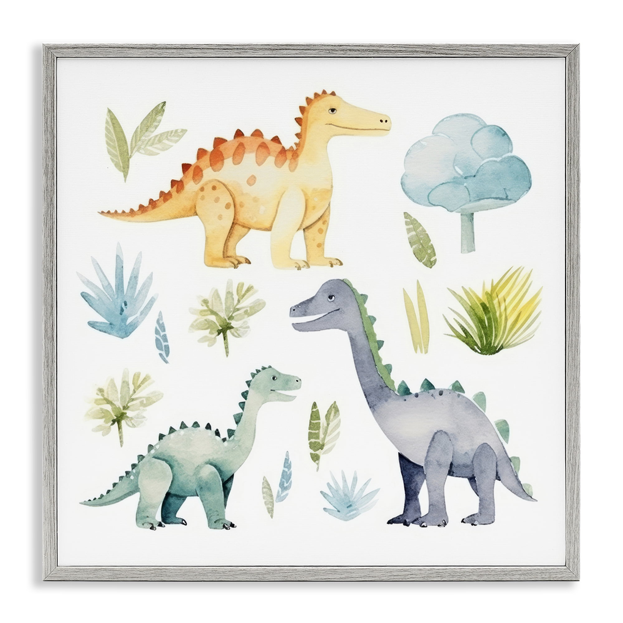 Stupell Industries Dino Wonderland Wonders Animals Painting Gray Framed Art Print Wall Art, 24 x 24