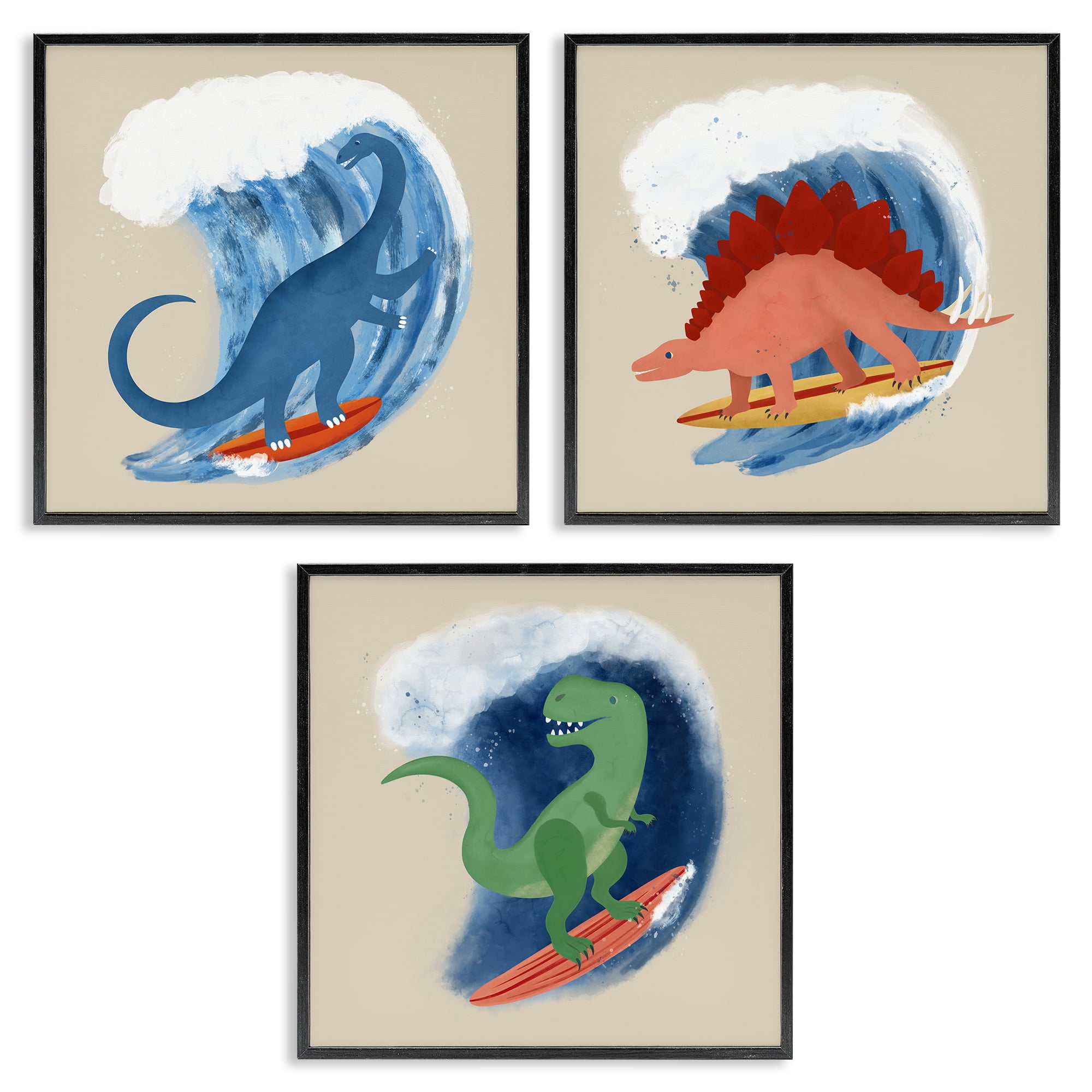 Stupell Industries Dinos Surfing Beach Waves Animals Painting Black Framed Art Print Wall Art, 17 x 17, Set of 3