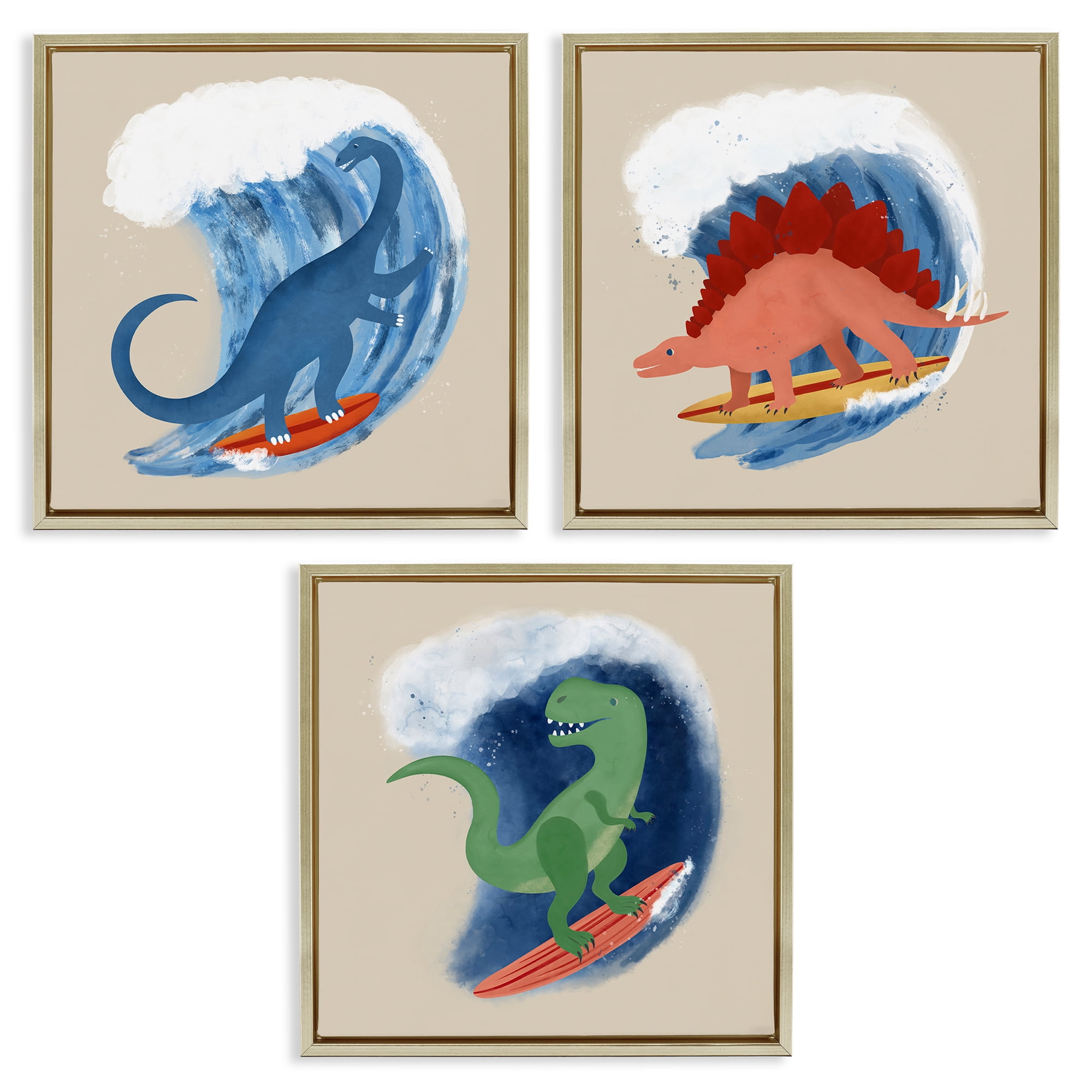Stupell Industries Dinos Surfing Beach Waves Animals Painting Gold Floater Framed Canvas Art Print Wall Art, 18 x 18, Set of 3
