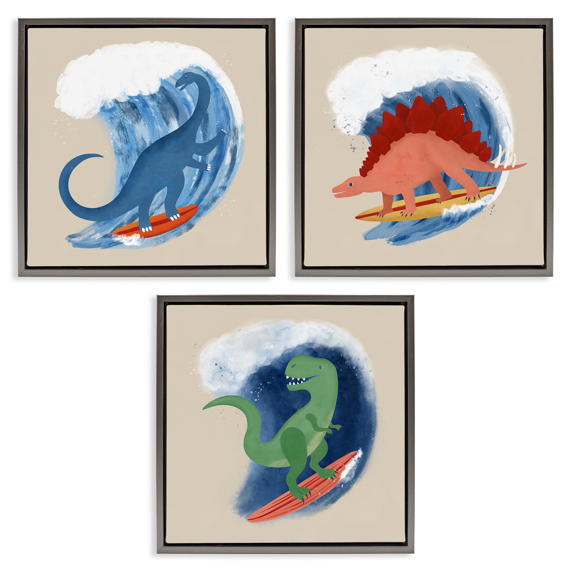 Stupell Industries Dinos Surfing Beach Waves Animals Painting Gray Floater Framed Canvas Art Print Wall Art, 18 x 18, Set of 3