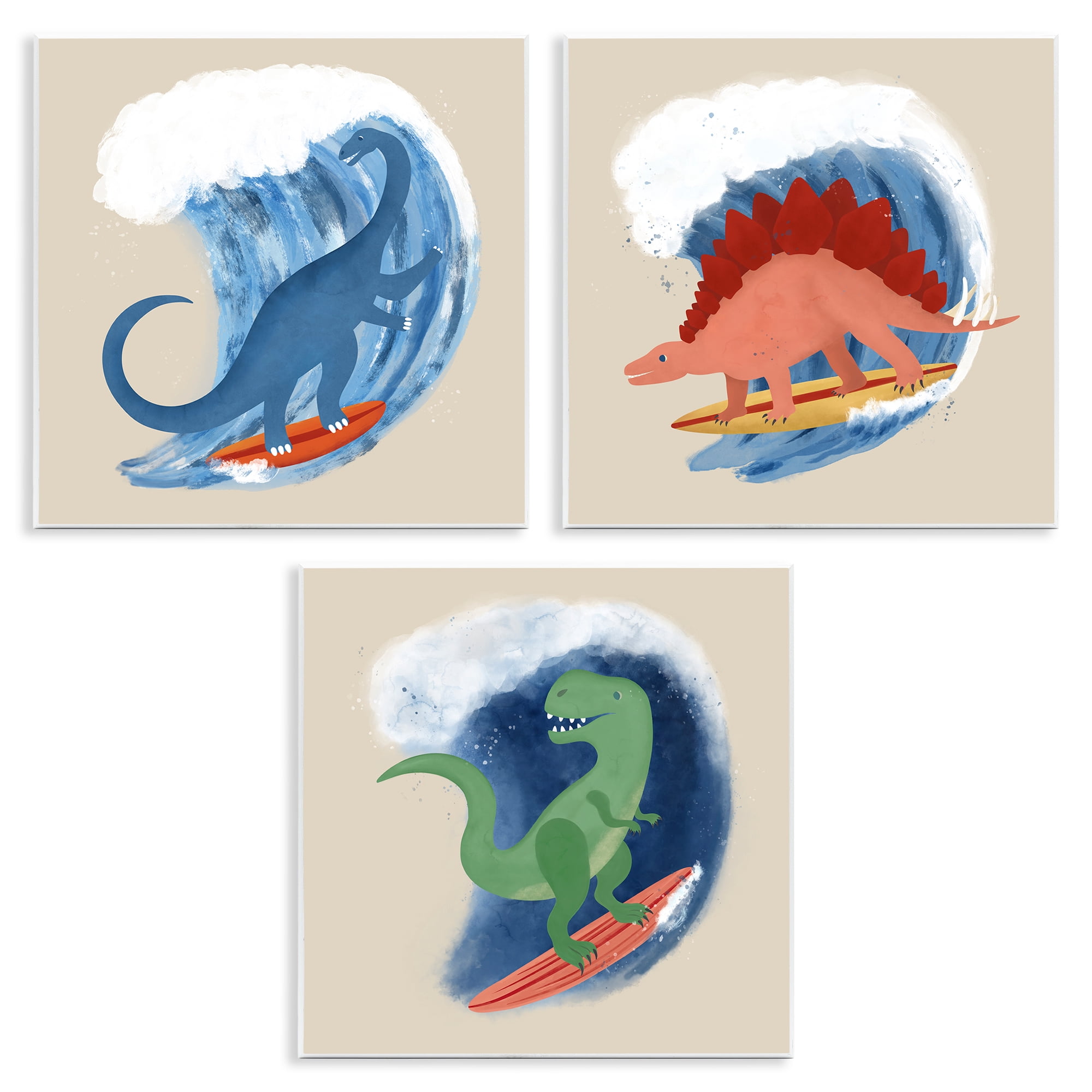 Stupell Industries Dinos Surfing Beach Waves Animals Painting Unframed Art Print Wall Art, 12 x 12, Set of 3