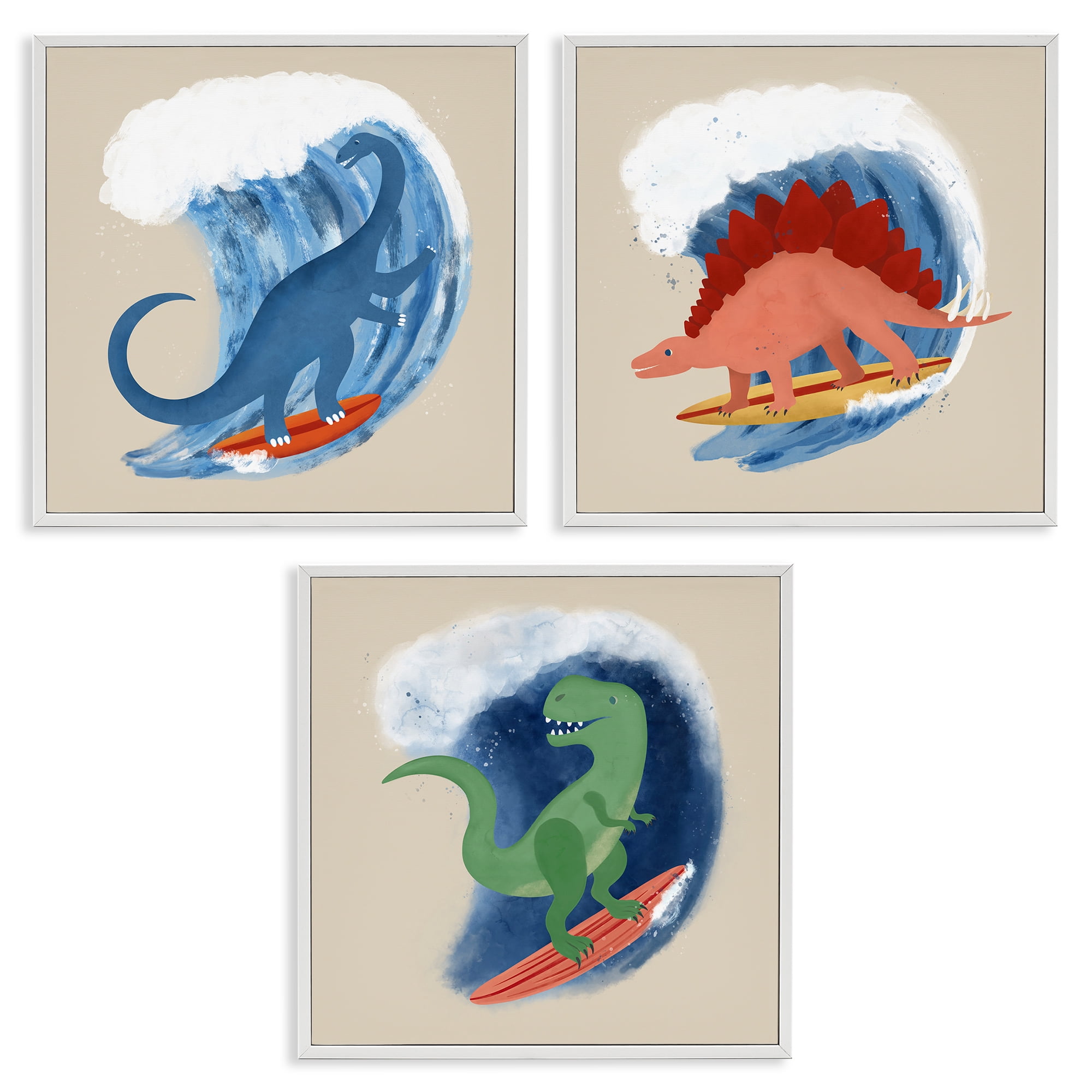 Stupell Industries Dinos Surfing Beach Waves Animals Painting White Framed Art Print Wall Art, 17 x 17, Set of 3
