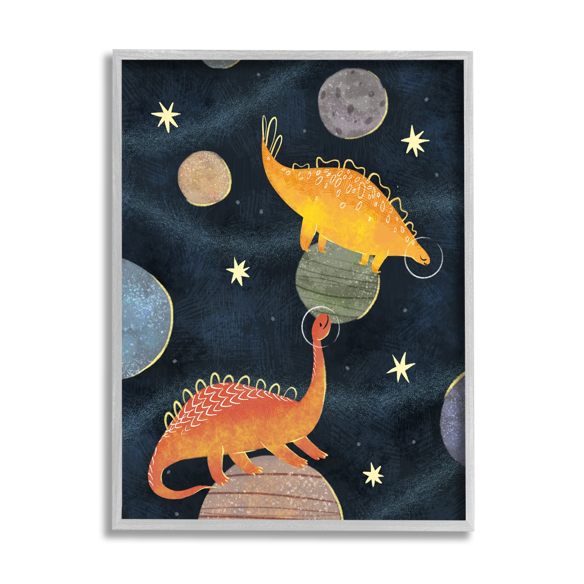 Stupell Industries Dinosaur Astronauts on Space Planets Yellow Stars Fairy Tales & Fantasy Painting Gray Framed Art Print Wall Art, 16 x 20