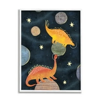 Stupell Industries Dinosaur Astronauts on Space Planets Yellow Stars Fairy Tales & Fantasy Painting White Framed Art Print Wall Art, 11 x 14