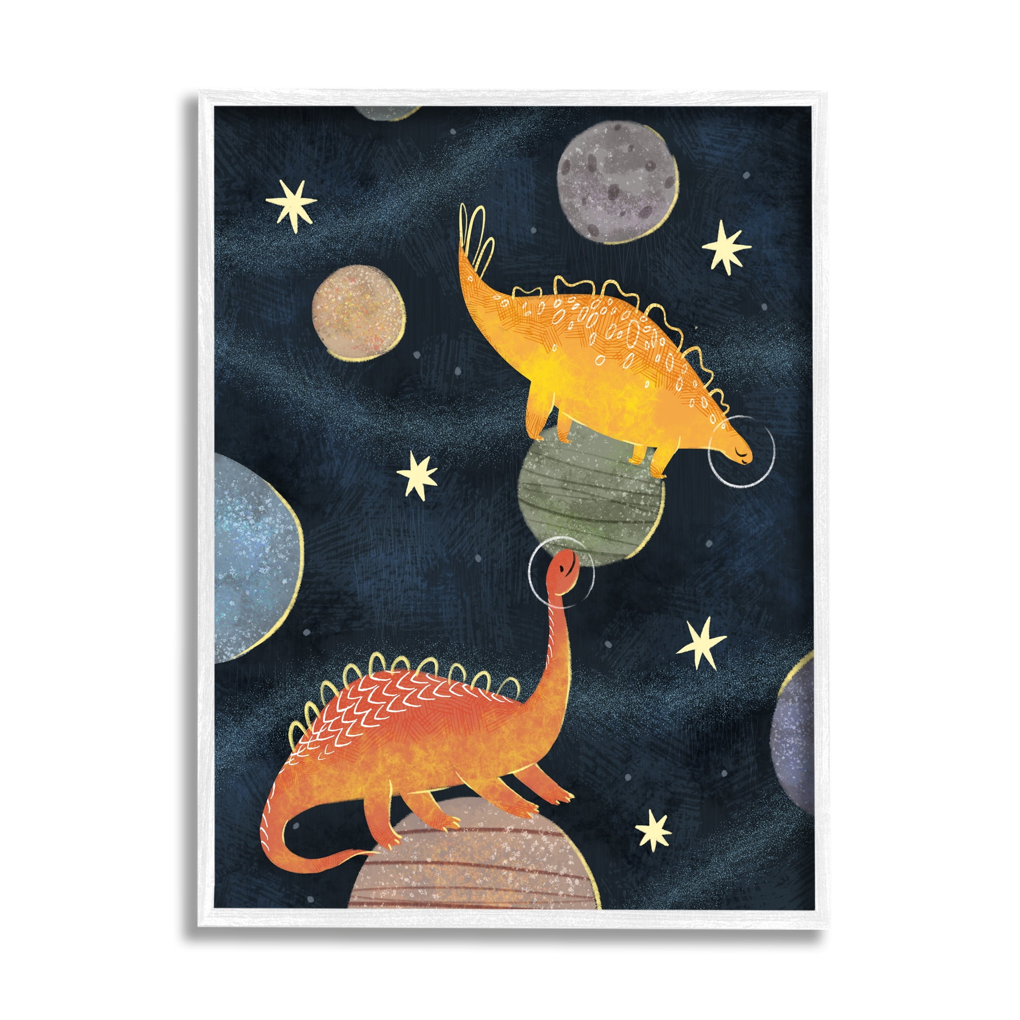 Stupell Industries Dinosaur Astronauts on Space Planets Yellow Stars Fairy Tales & Fantasy Painting White Framed Art Print Wall Art, 24 x 30