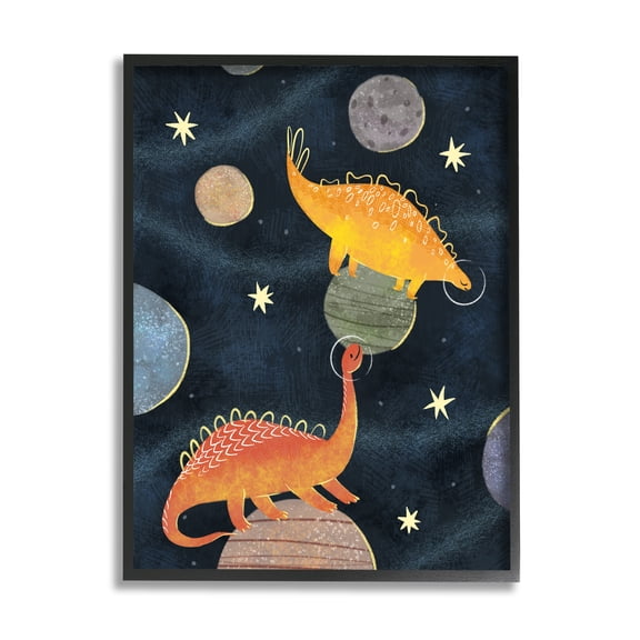 Stupell Industries Dinosaur Astronauts on Space Planets Yellow Stars Novelty Painting Black Framed Art Print Wall Art, 16 x 20, Design by Ziwei Li