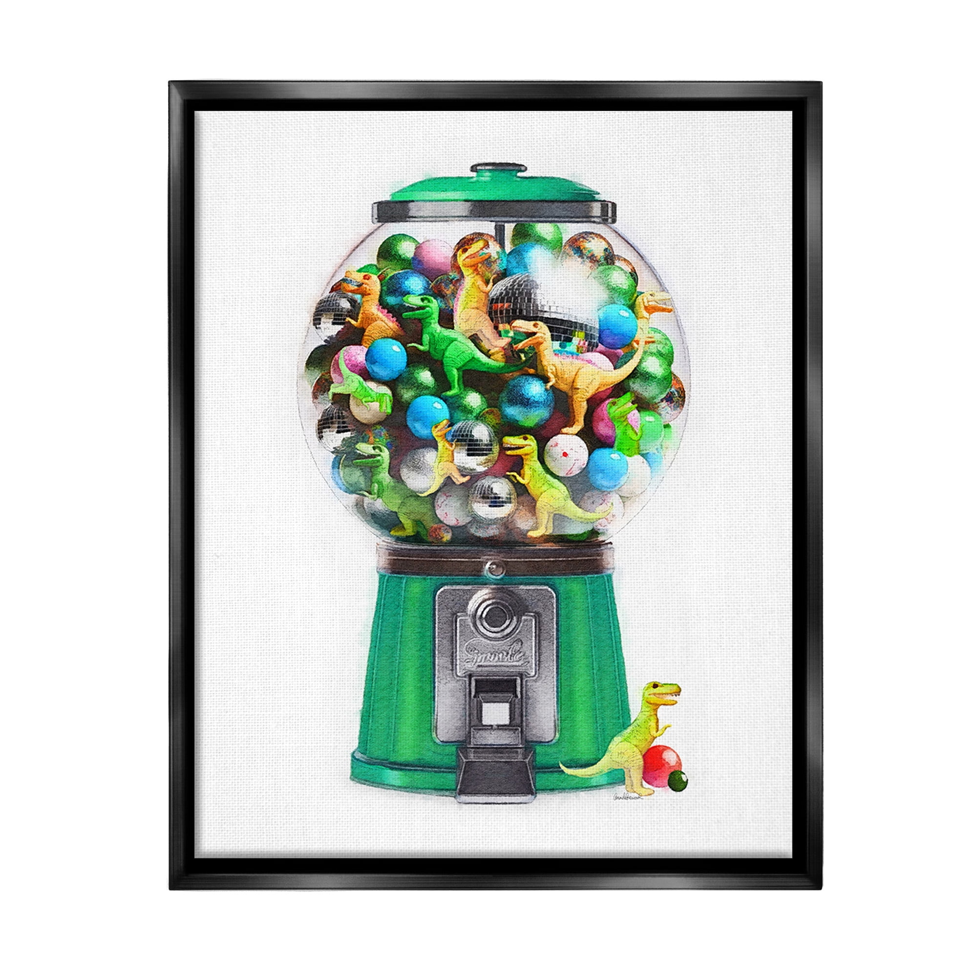 Stupell Industries Dinosaur Candy Dispenser Animals & Insects Painting Black Floater Framed Canvas Art Print Wall Art, 17 x 21