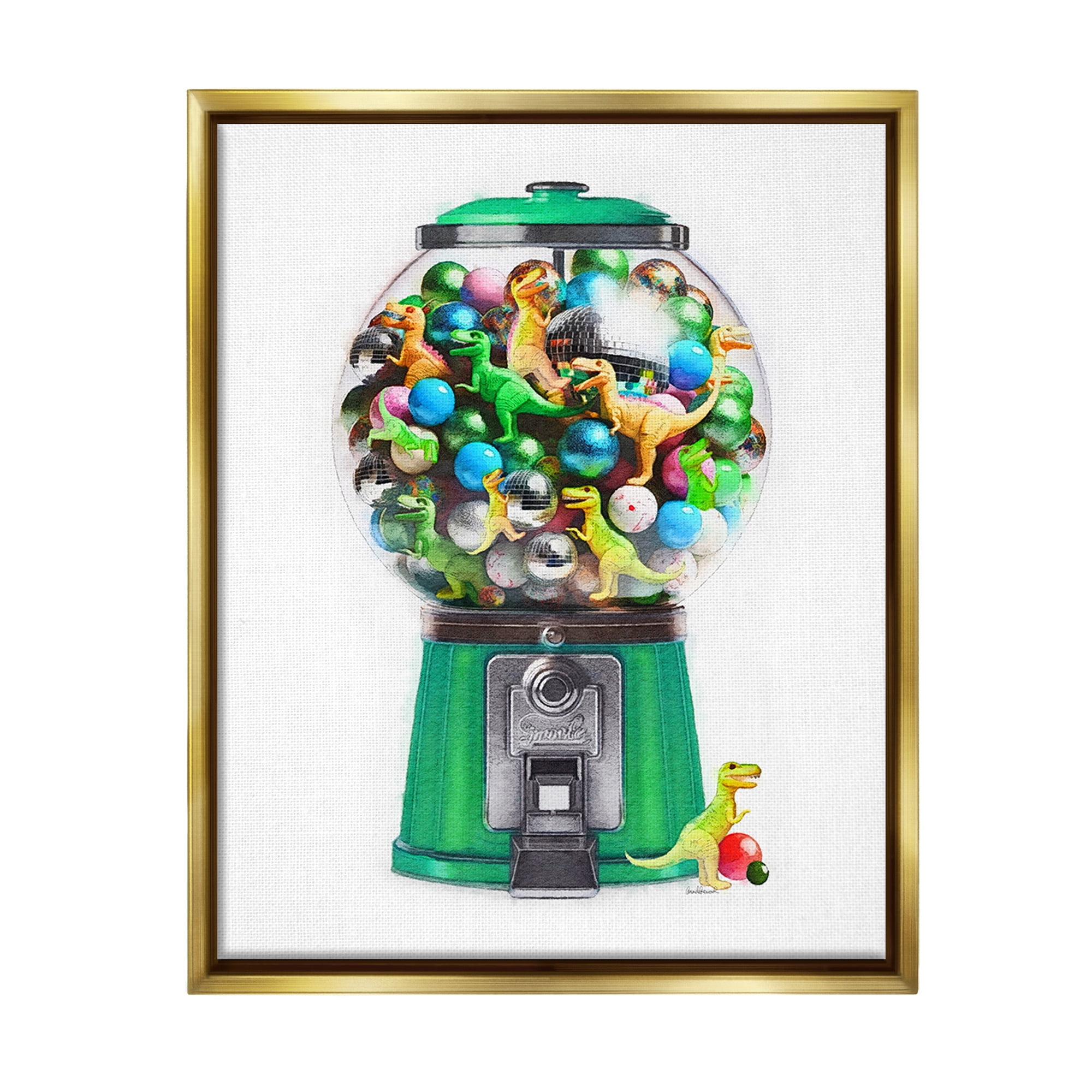 Stupell Industries Dinosaur Candy Dispenser Animals & Insects Painting Gold Floater Framed Canvas Art Print Wall Art, 17 x 21