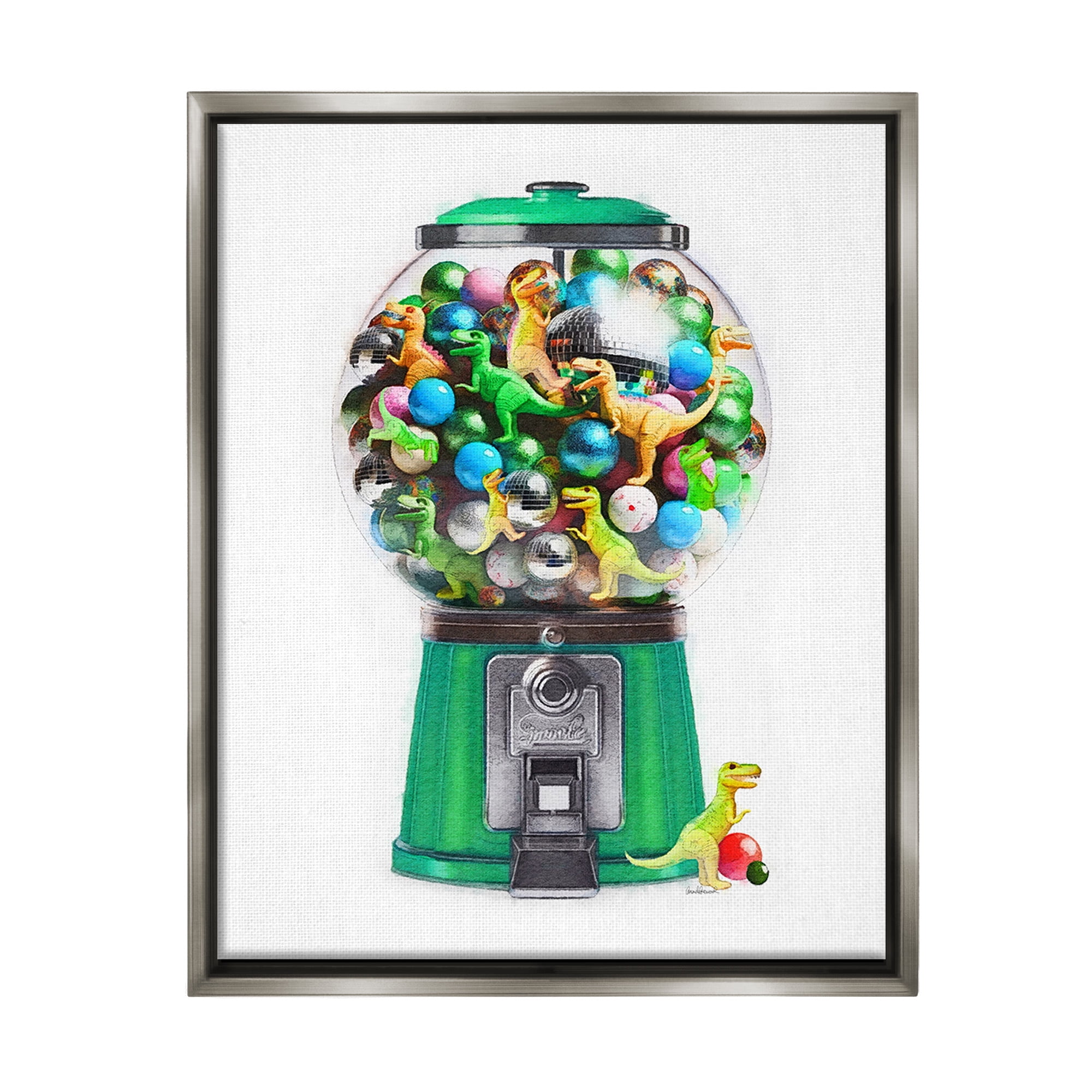 Stupell Industries Dinosaur Candy Dispenser Animals & Insects Painting Gray Floater Framed Canvas Art Print Wall Art, 25 x 31