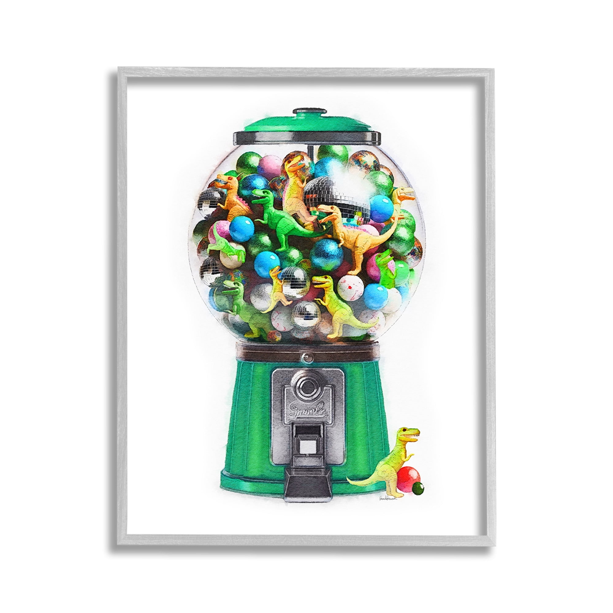 Stupell Industries Dinosaur Candy Dispenser Animals & Insects Painting Gray Framed Art Print Wall Art, 11 x 14