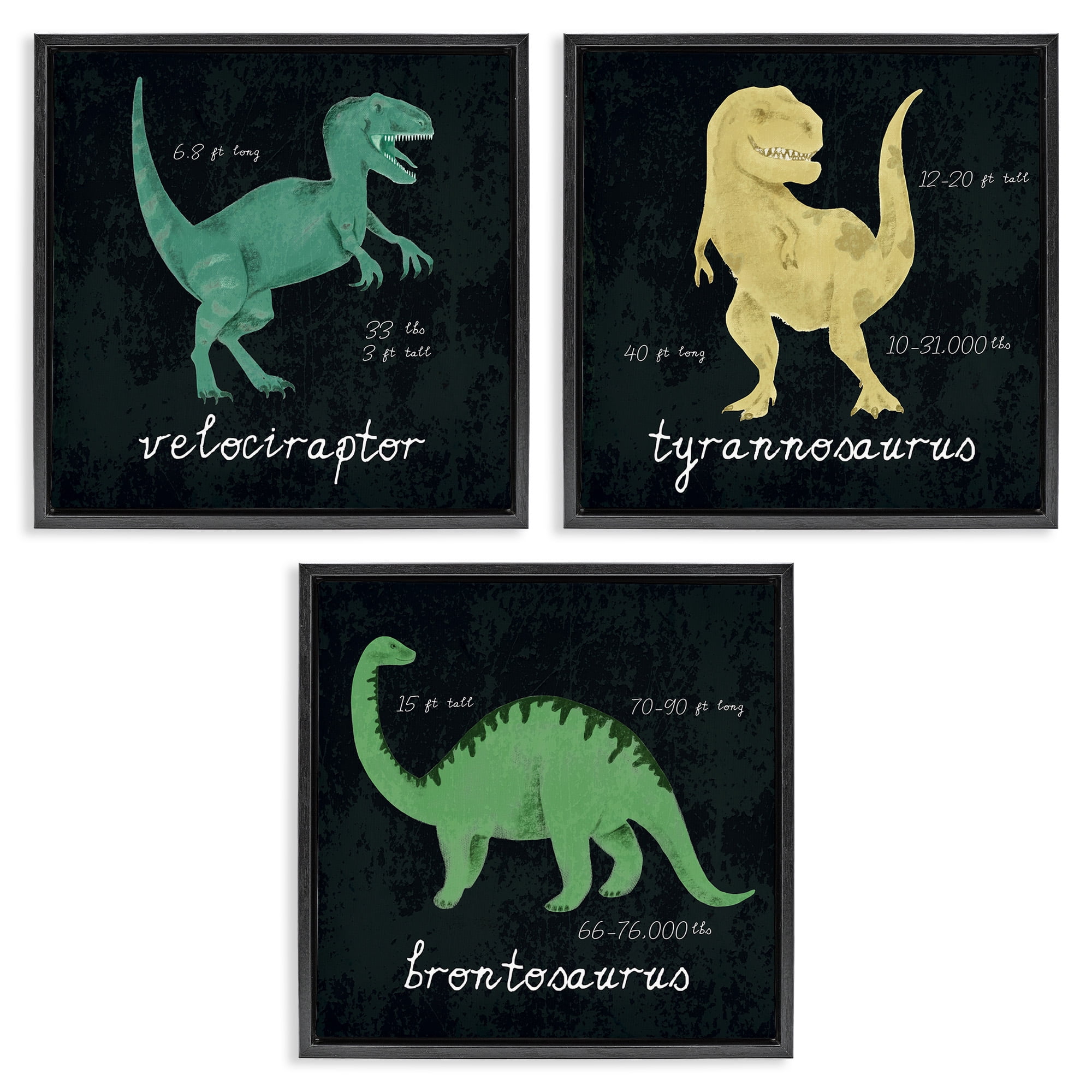 Stupell Industries Dinosaur Facts Chalk Inspired Design Animals & Insects Painting Black Floater Framed Canvas Art Print Wall Art, 18 x 18, Set of 3