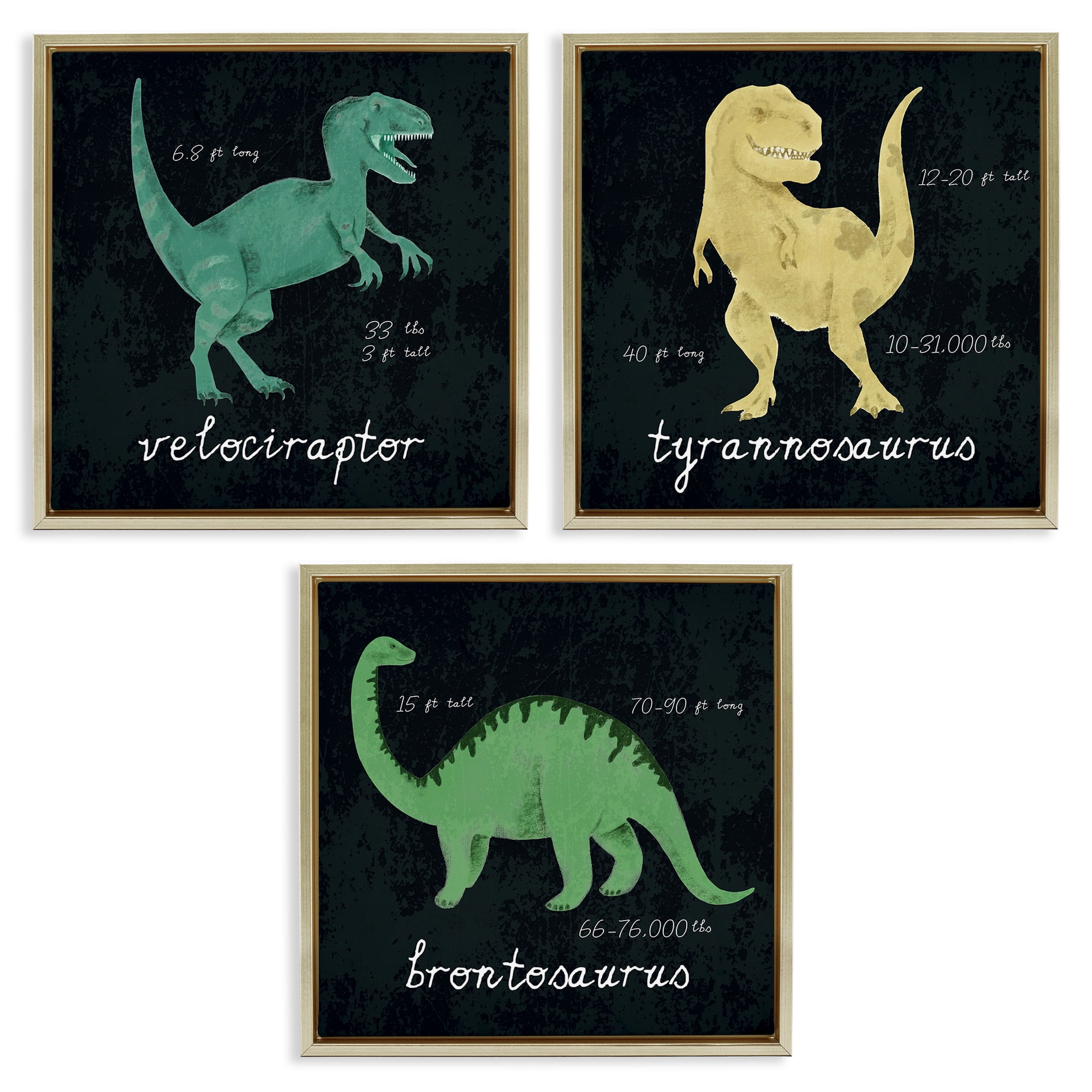 Stupell Industries Dinosaur Facts Chalk Inspired Design Animals & Insects Painting Gold Floater Framed Canvas Art Print Wall Art, 18 x 18, Set of 3