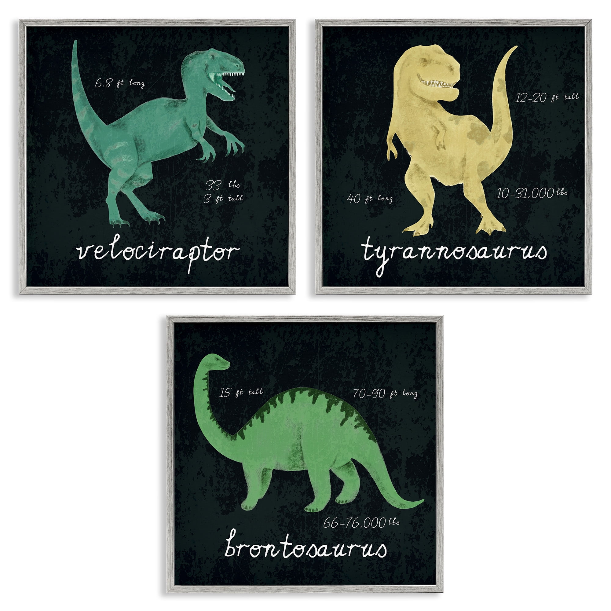 Stupell Industries Dinosaur Facts Chalk Inspired Design Animals & Insects Painting Gray Framed Art Print Wall Art, 12 x 12, Set of 3