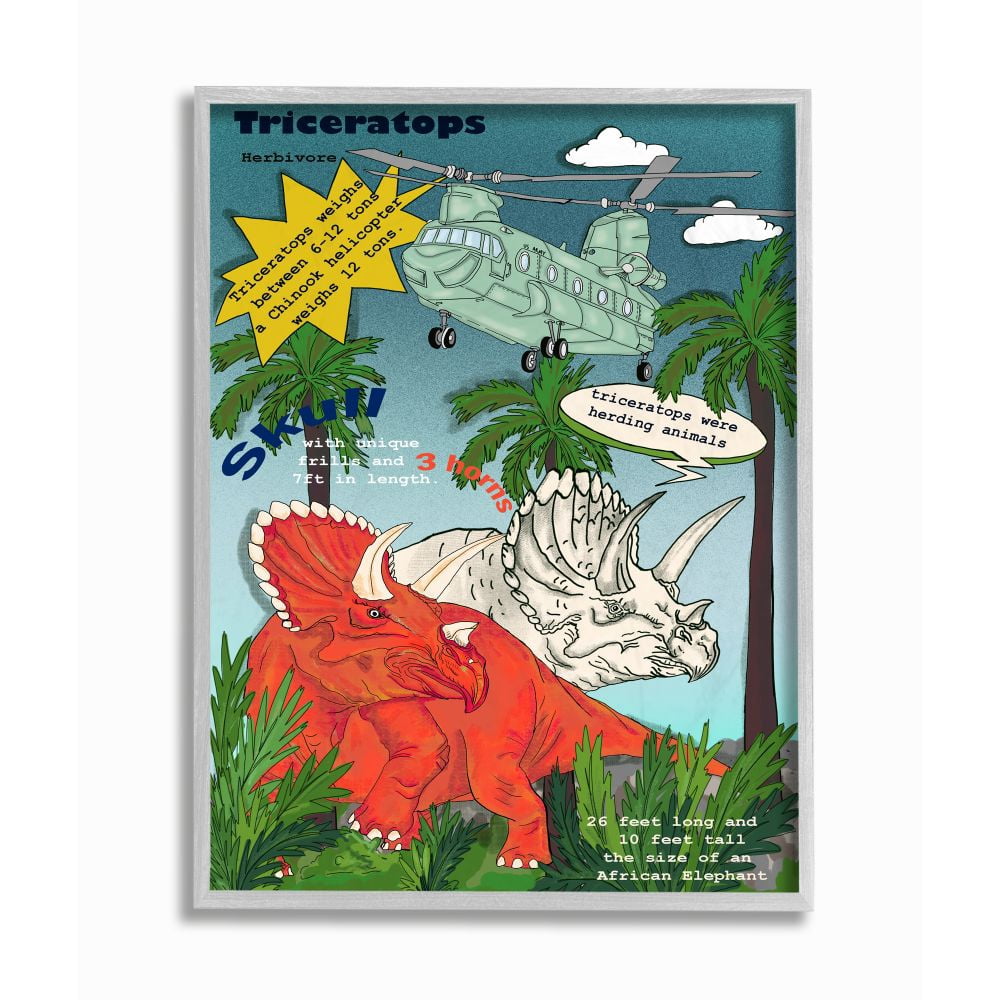 Stupell Industries Dinosaur Facts Fun Triceratops Information Mock Comic Framed Wall Art Design by Sangita Bachelet, 11" x 14", Gray Framed