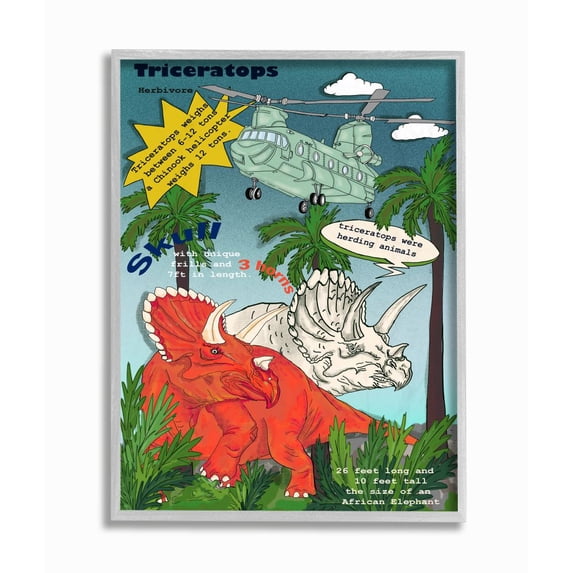 Stupell Industries Dinosaur Facts Fun Triceratops Information Mock Comic Framed Wall Art Design by Sangita Bachelet, 16" x 20", Gray Framed
