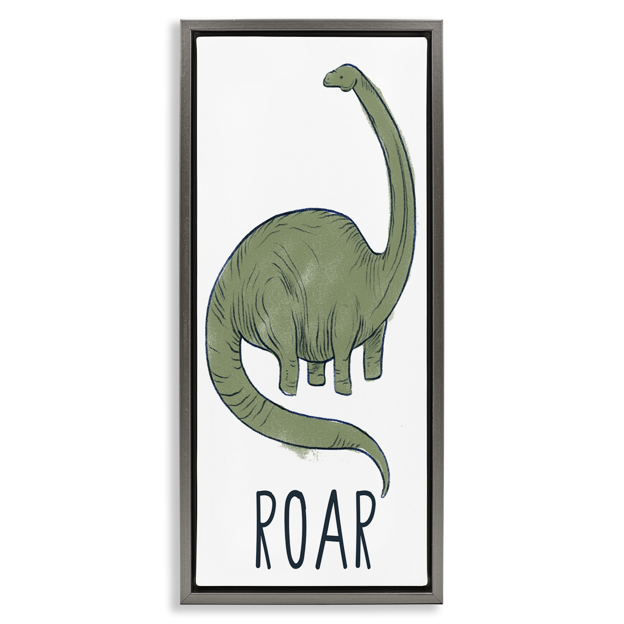 Stupell Industries Dinosaur Roar Brachiosaurus Animals & Insects Painting Gray Floater Framed Canvas Art Print Wall Art, 11 x 25