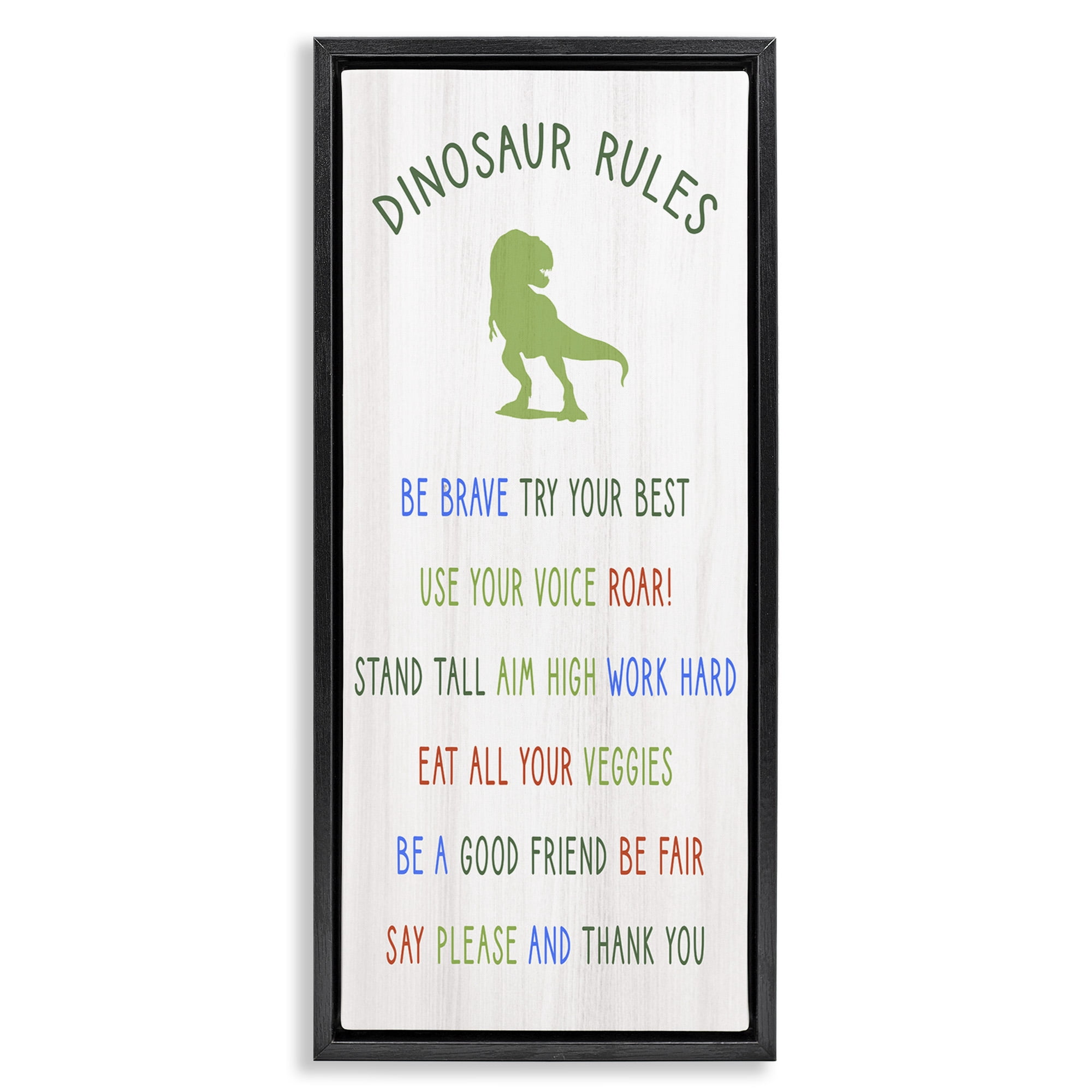 Stupell Industries Dinosaur Rules Kids List Inspirational Painting Black Floater Framed Canvas Art Print Wall Art, 15 x 31