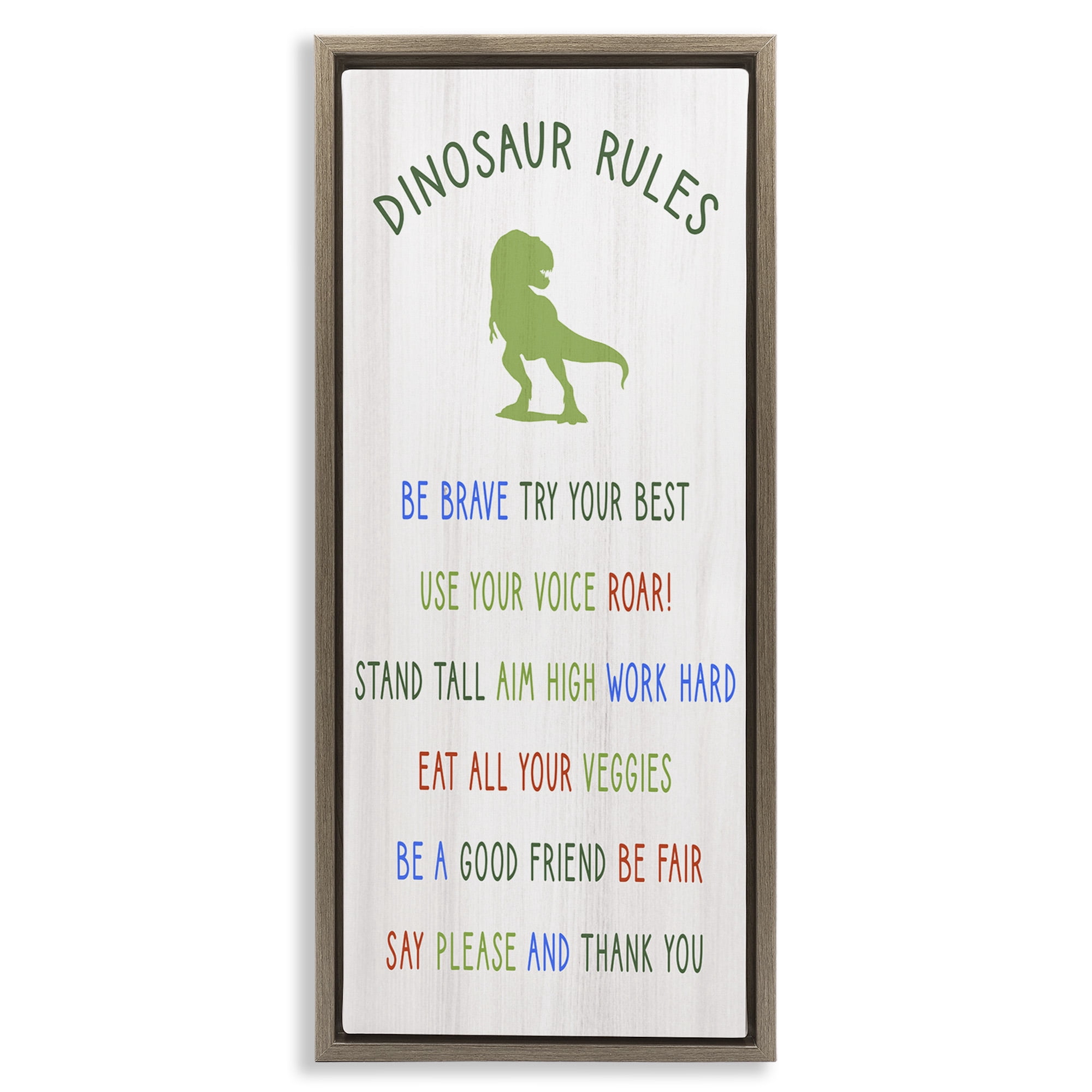 Stupell Industries Dinosaur Rules Kids List Inspirational Painting Brown Floater Framed Canvas Art Print Wall Art, 15 x 31