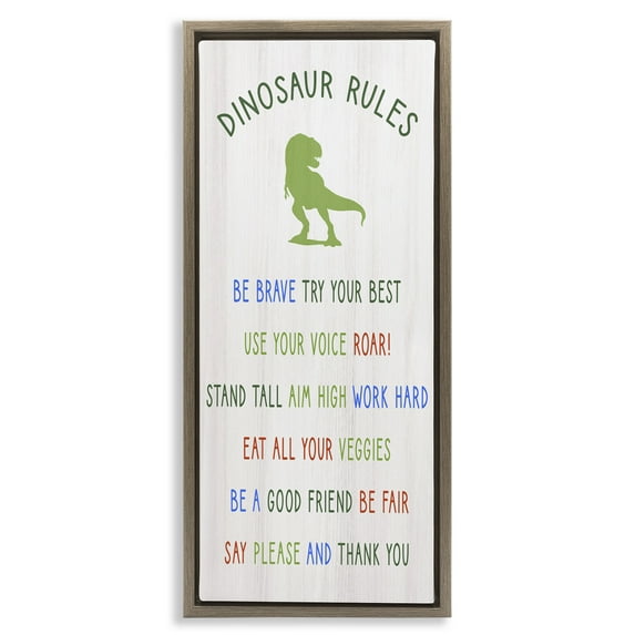 Stupell Industries Dinosaur Rules Kids List Inspirational Painting Brown Floater Framed Canvas Art Print Wall Art, 15 x 31