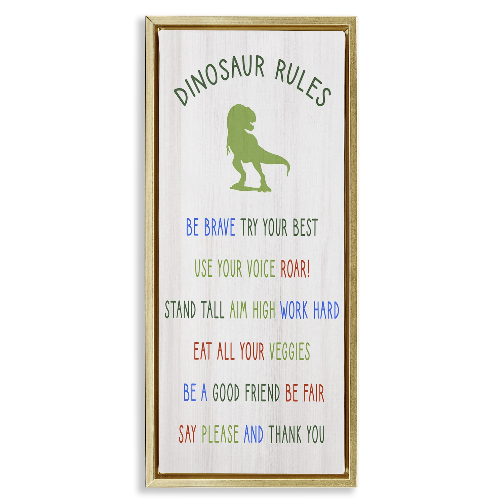 Stupell Industries Dinosaur Rules Kids List Inspirational Painting Gold Floater Framed Canvas Art Print Wall Art, 15 x 31
