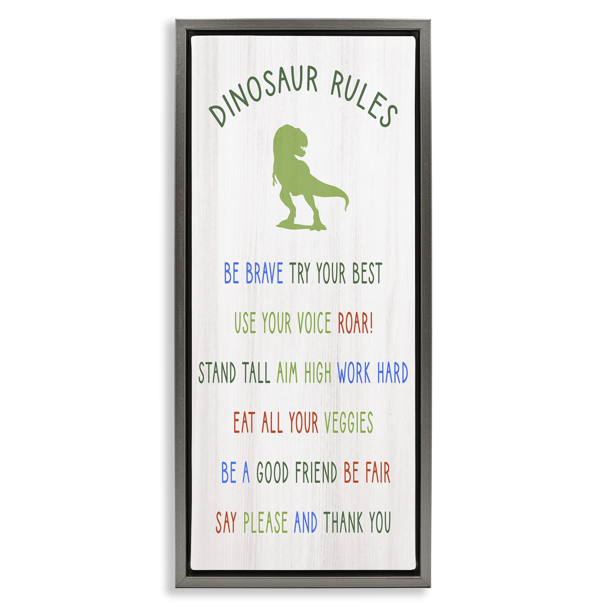 Stupell Industries Dinosaur Rules Kids List Inspirational Painting Gray Floater Framed Canvas Art Print Wall Art, 15 x 31