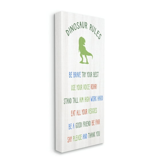 Stupell Industries Dinosaur Rules Listed Kids T-Rex Green Reptile Inspirational Painting Gallery Wrapped Canvas Print Wall Art, 13 x 30