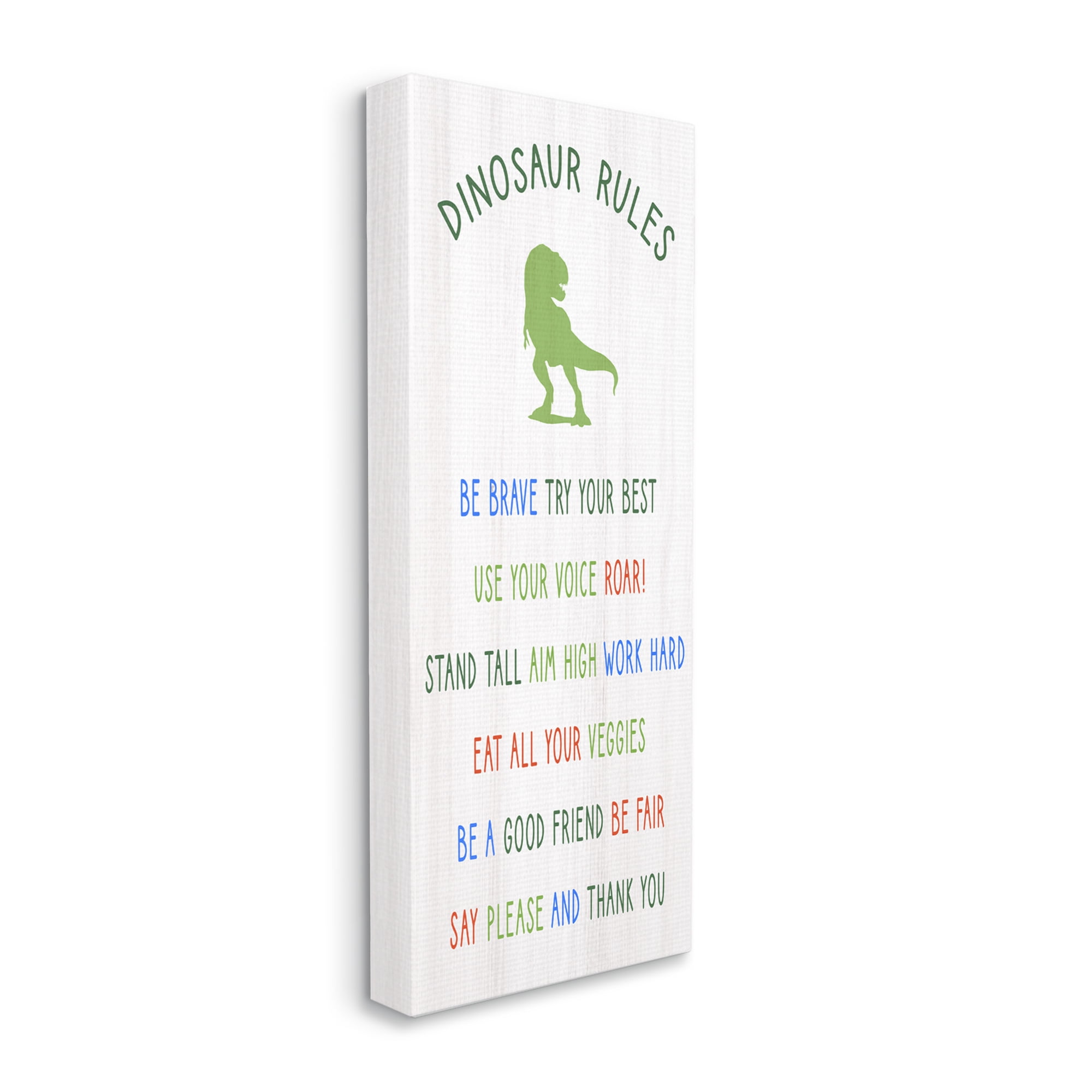 Stupell Industries Dinosaur Rules Listed Kids T-Rex Green Reptile Inspirational Painting Gallery Wrapped Canvas Print Wall Art, 20 x 48