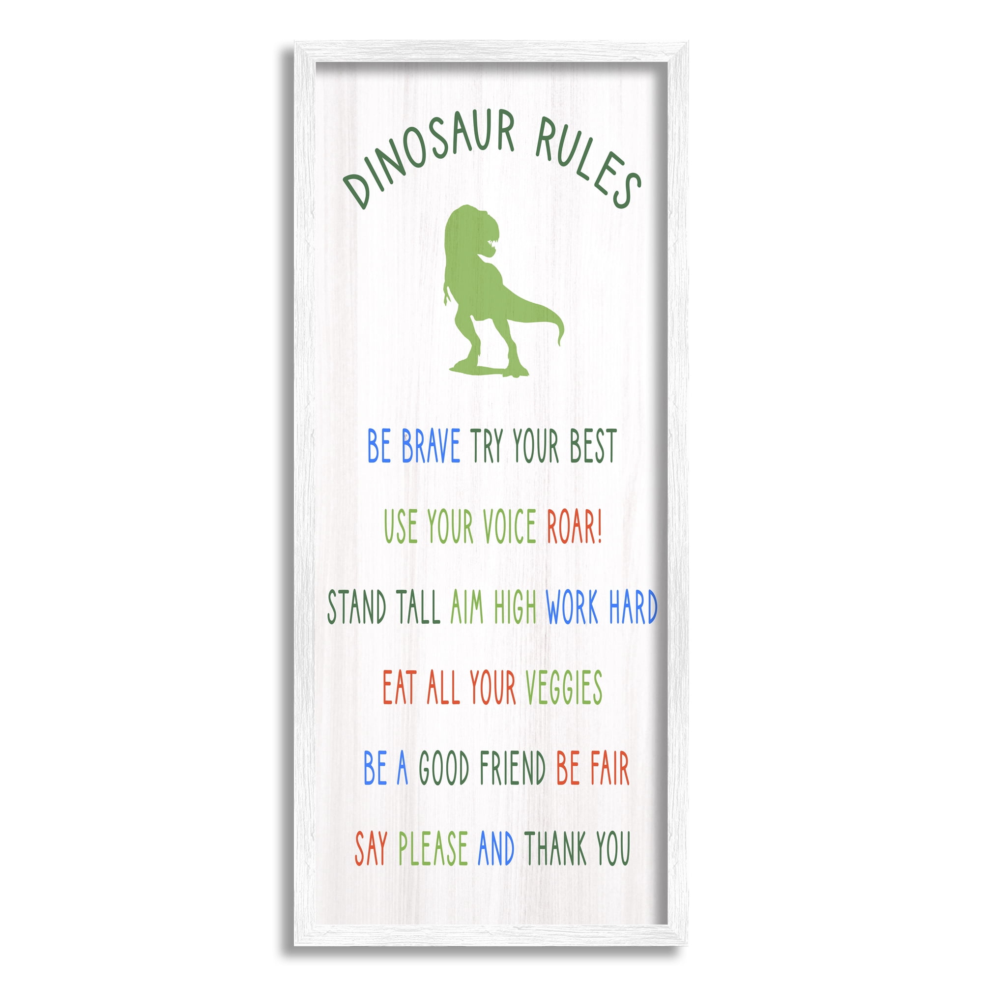 Stupell Industries Dinosaur Rules Listed Kids T-Rex Green Reptile Inspirational Painting White Framed Art Print Wall Art, 13 x 30
